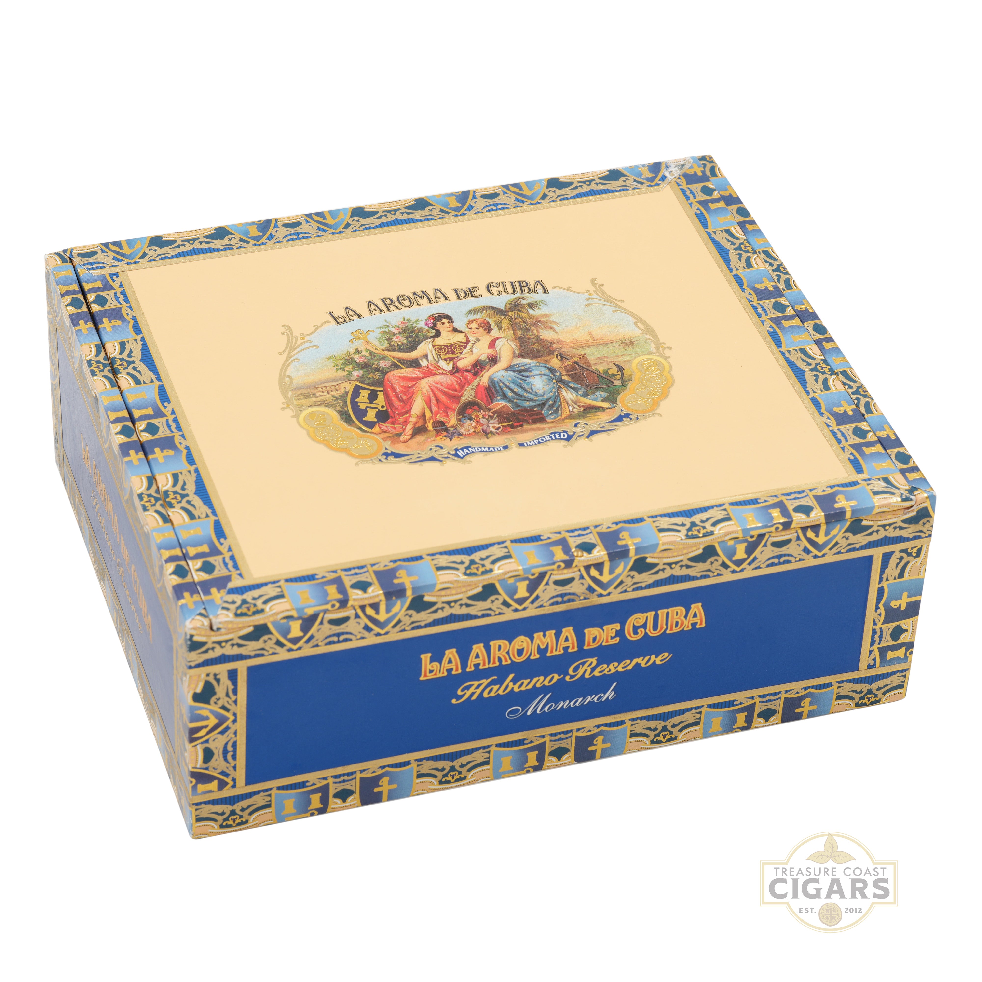 Cigar box with decorative design and text on a white background