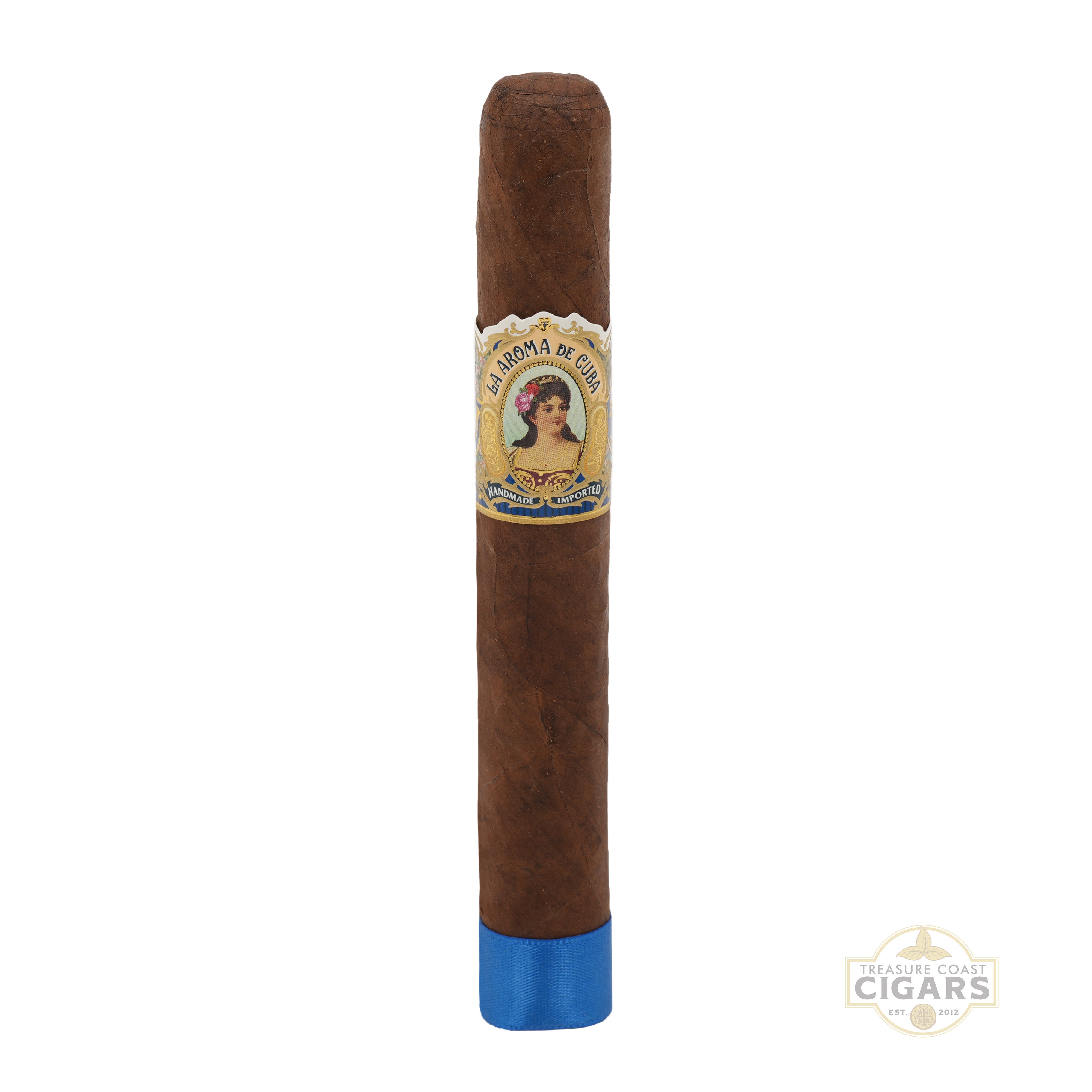 Cigar with a label on a white background