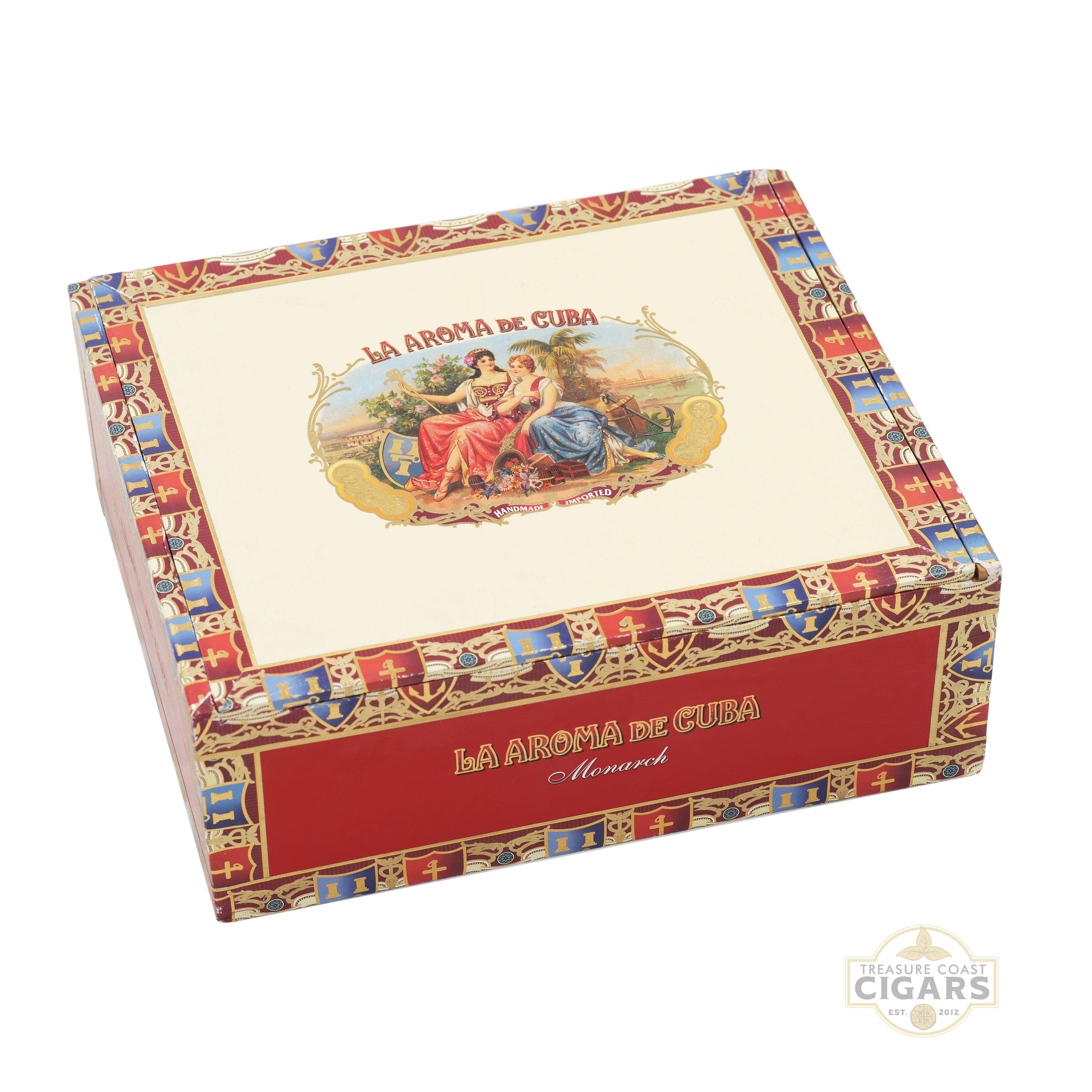 Cigar box with decorative design and 'La Aroma de Cuba' branding on a white background