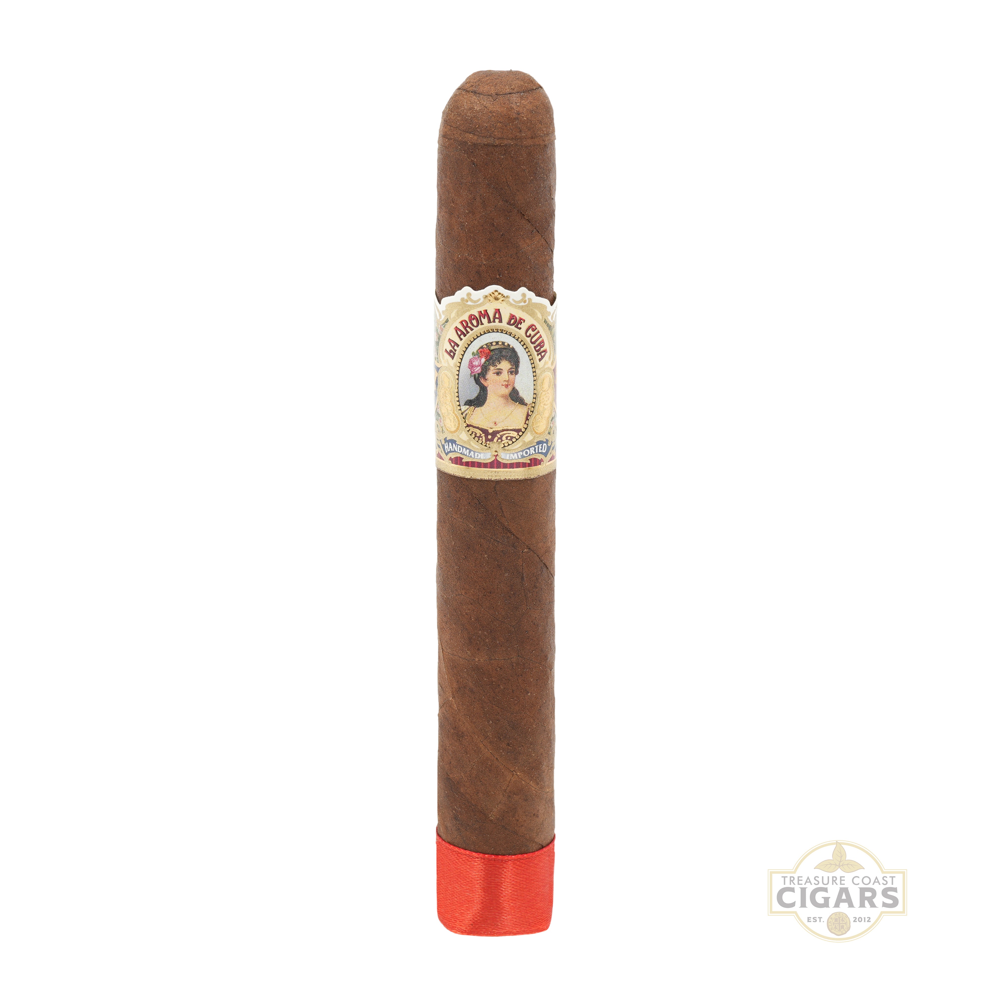 Cigar with a label featuring a woman's face on a white background