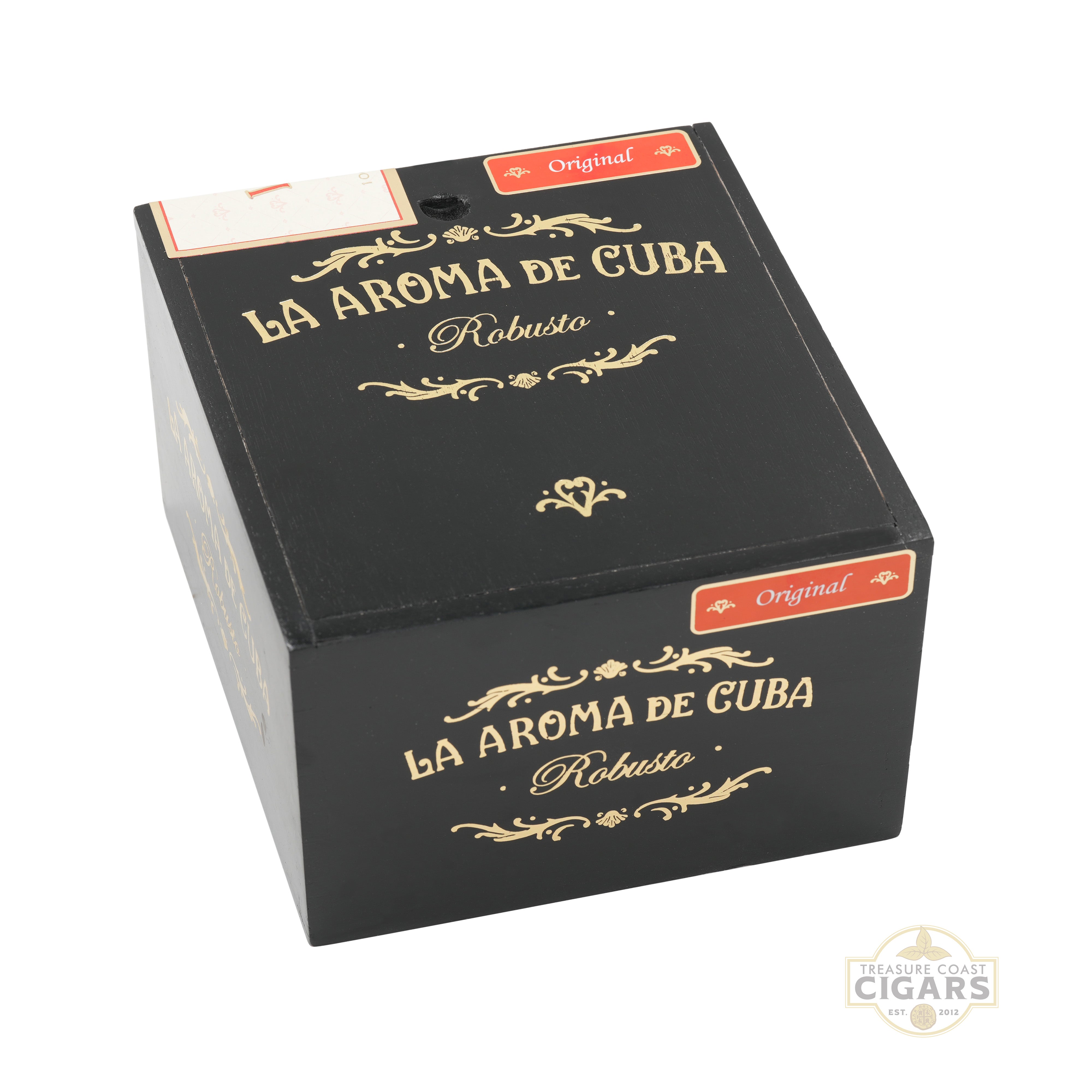 Black box of La Aroma de Cuba Robusto cigars on a white background