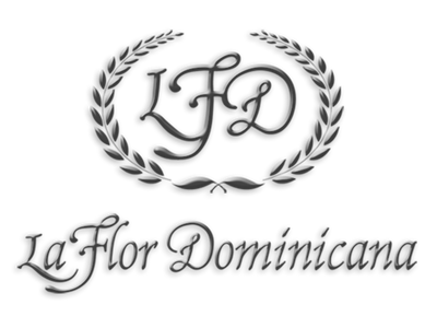 Logo of La Flor Dominicana with decorative elements on a white background