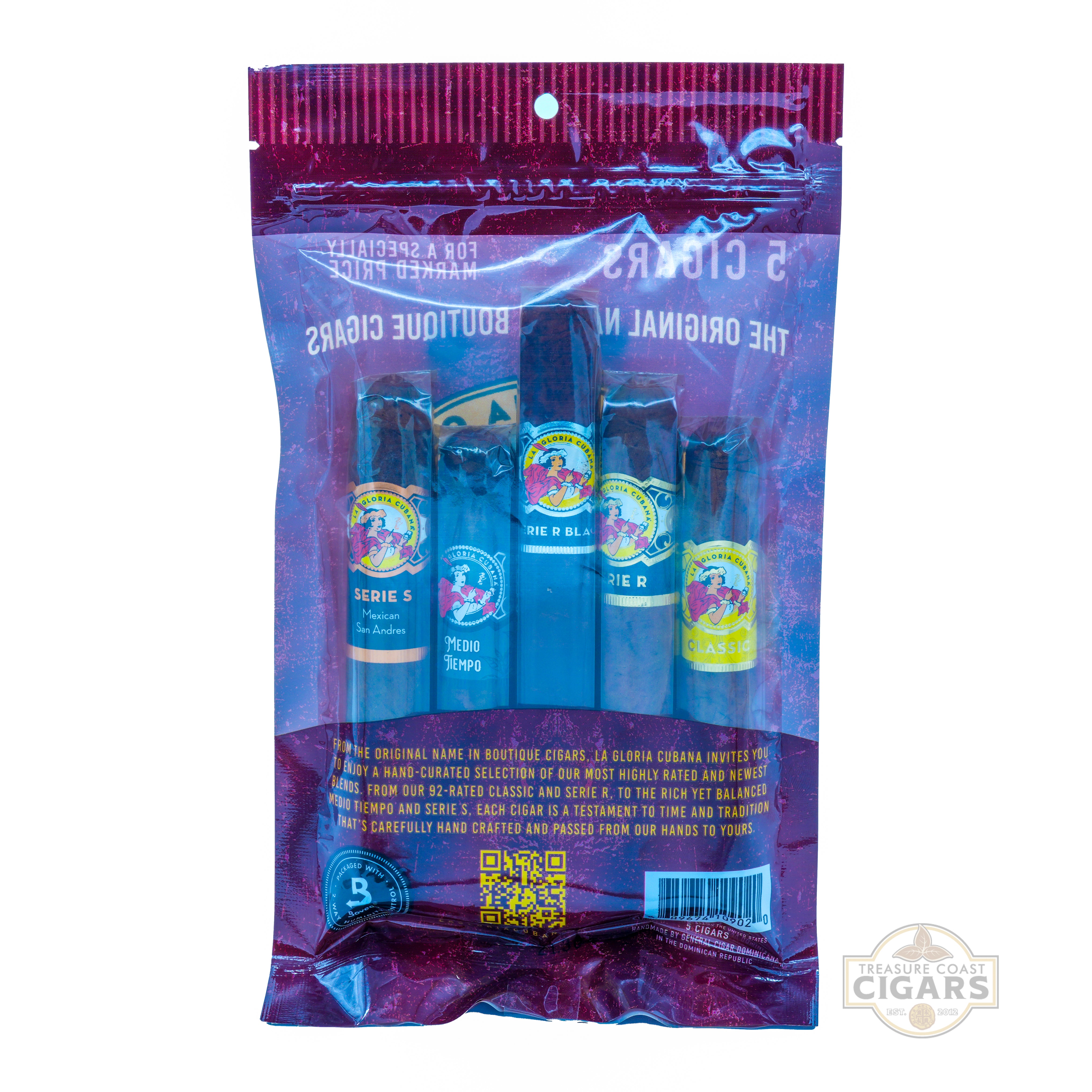Packaged cigars with colorful labels on a white background
