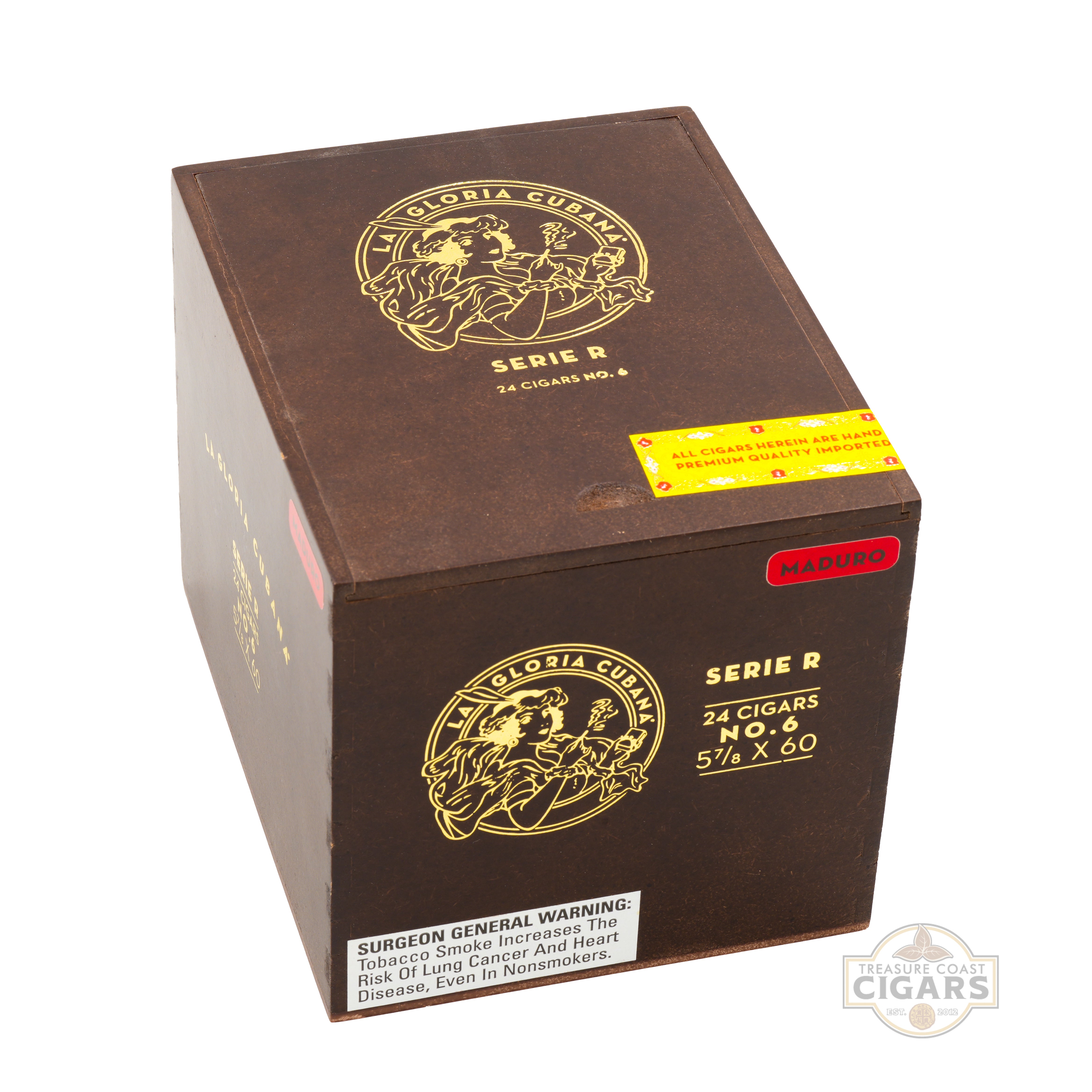 La Gloria Cubana Serie R cigar box with branding and warning labels on a white background