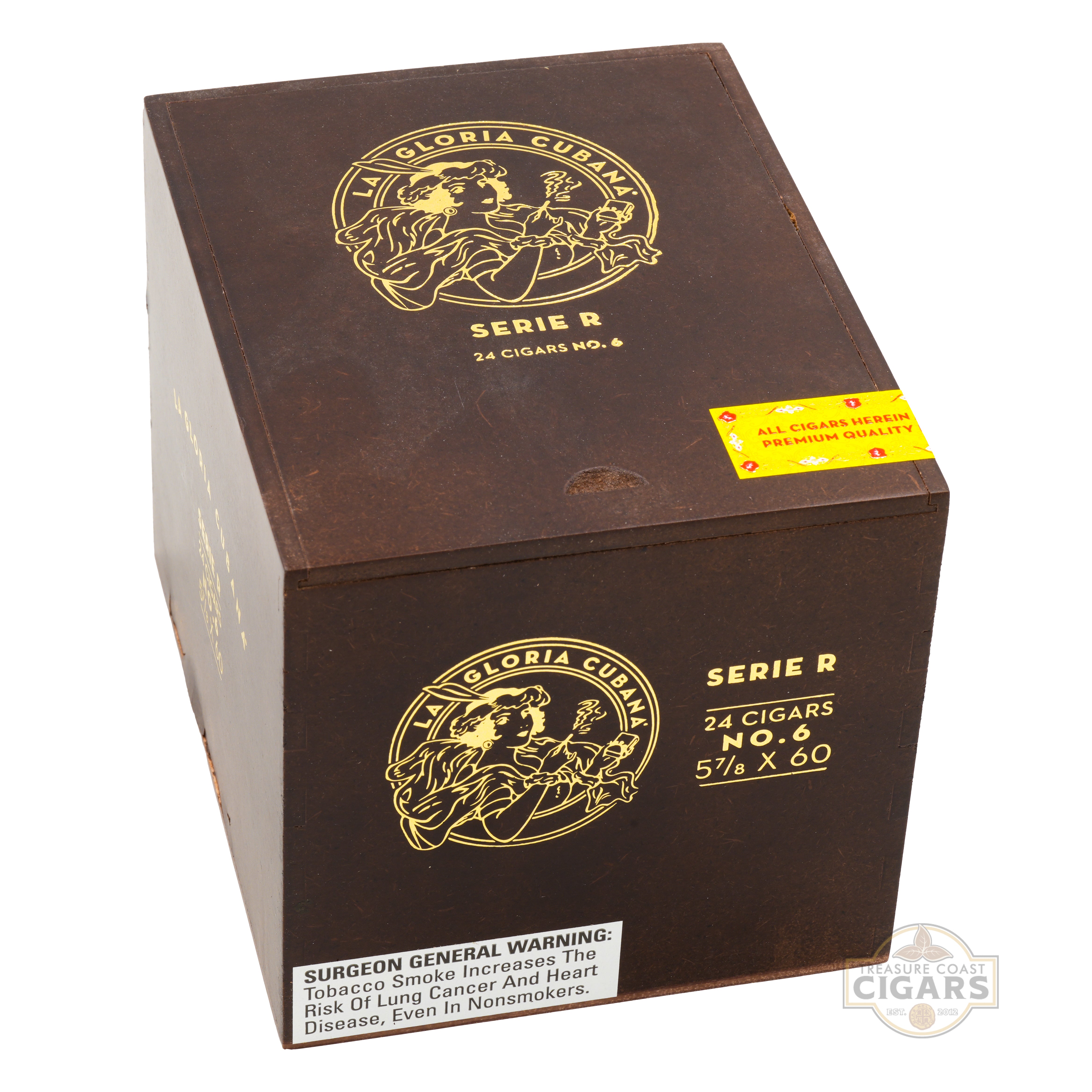 La Gloria Cubana Serie R cigar box with gold lettering on a white background