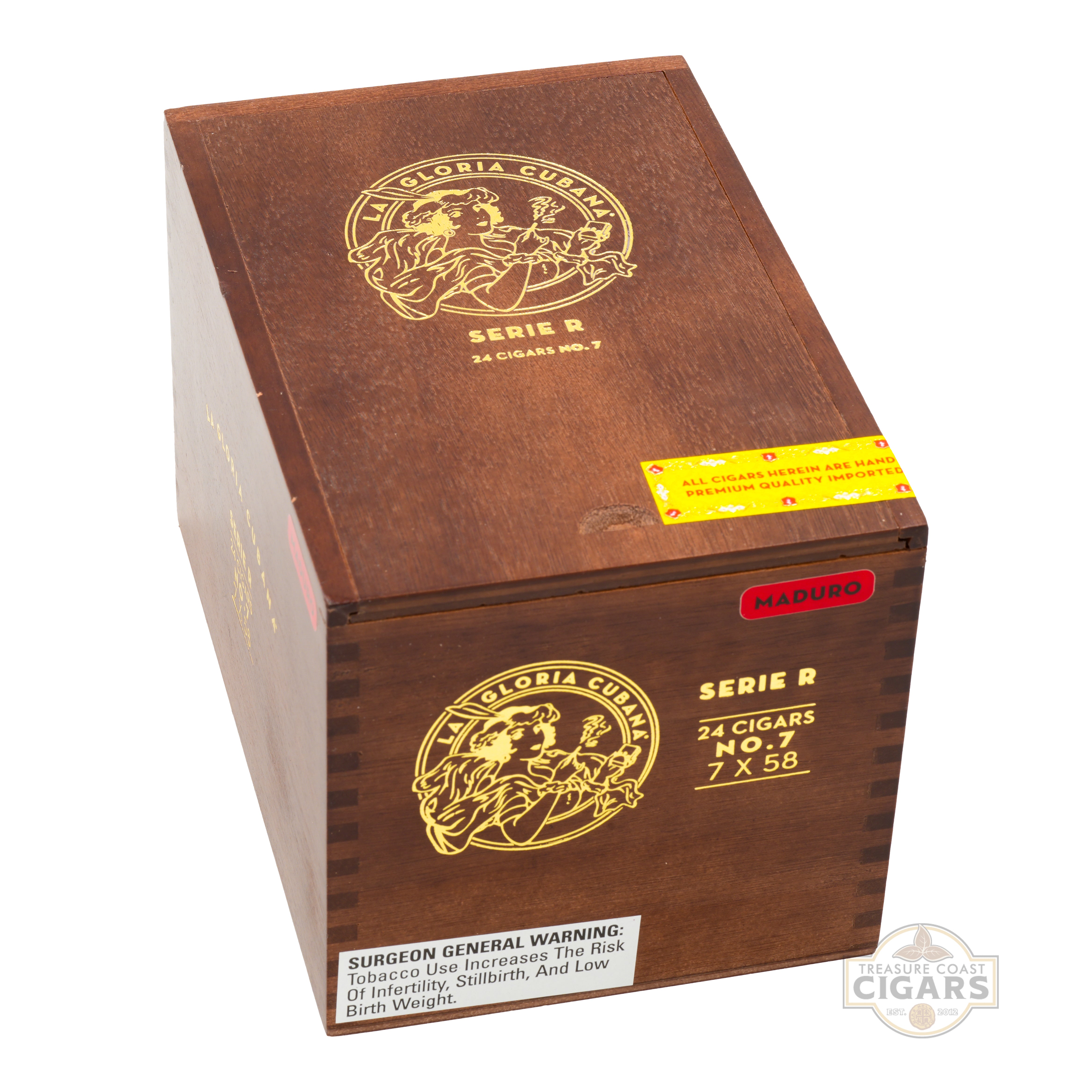 Wooden box of La Gloria Cubana cigars with branding and warning label on a white background