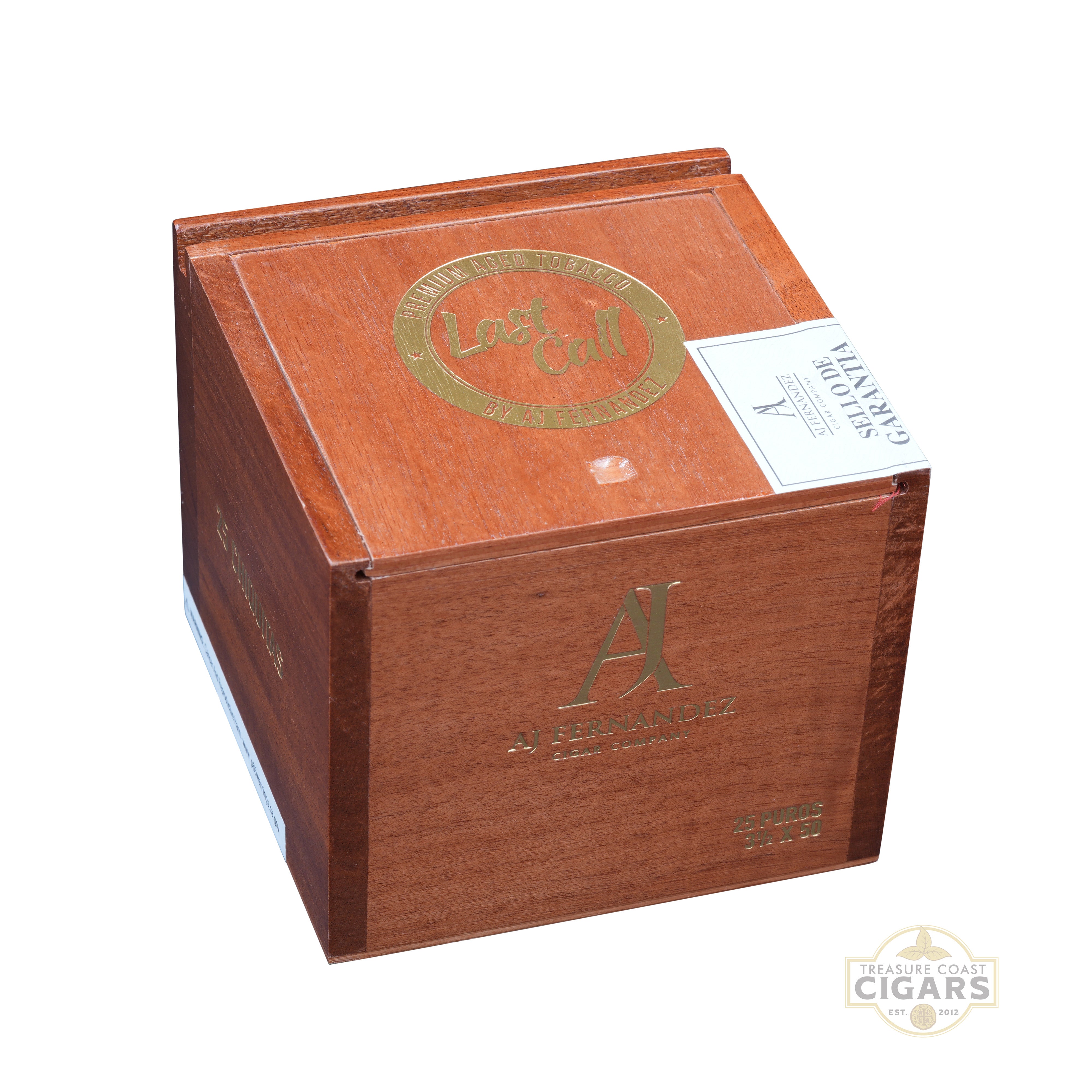 Wooden cigar box with gold logo and text on a white background