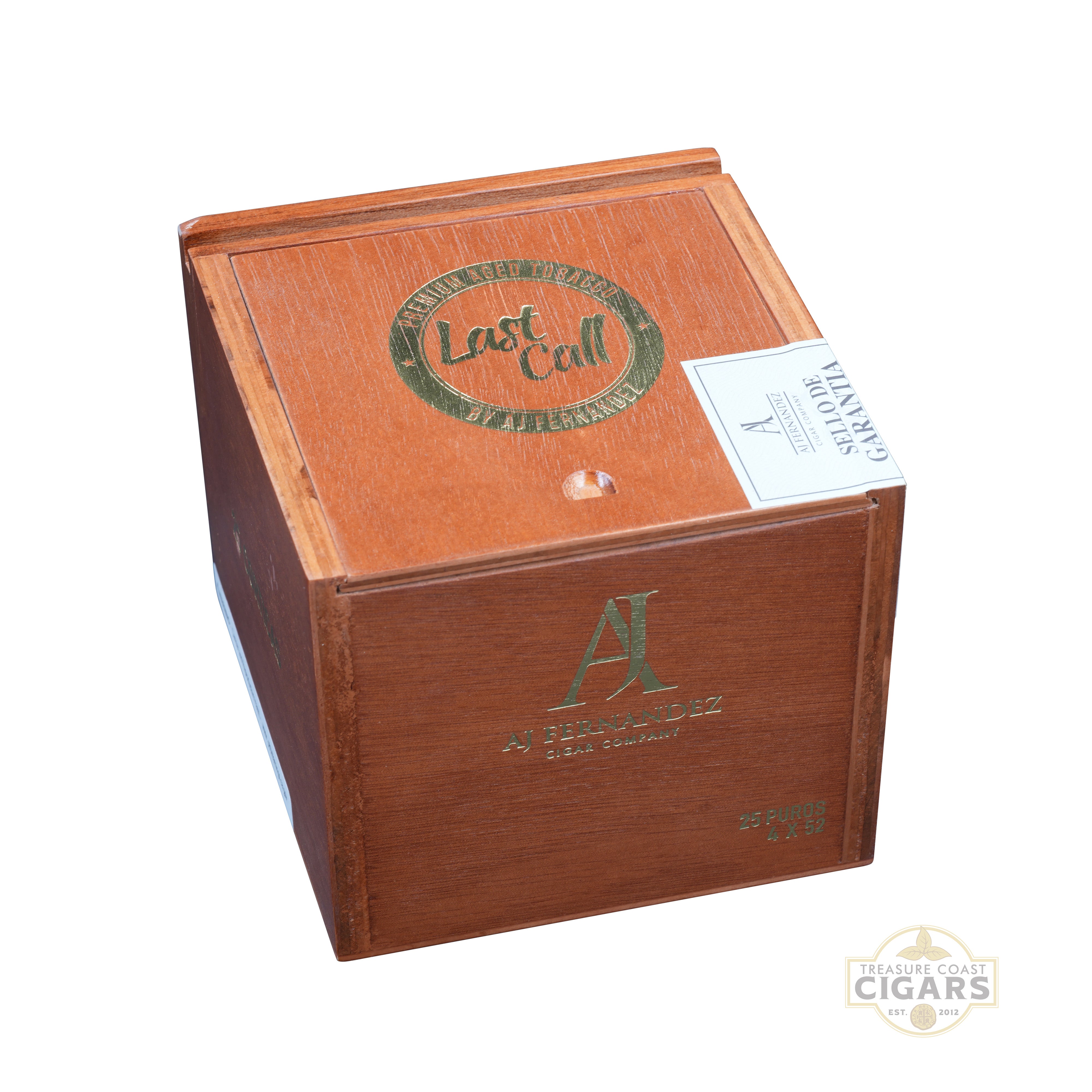 Wooden cigar box with 'Last Call' branding on a white background