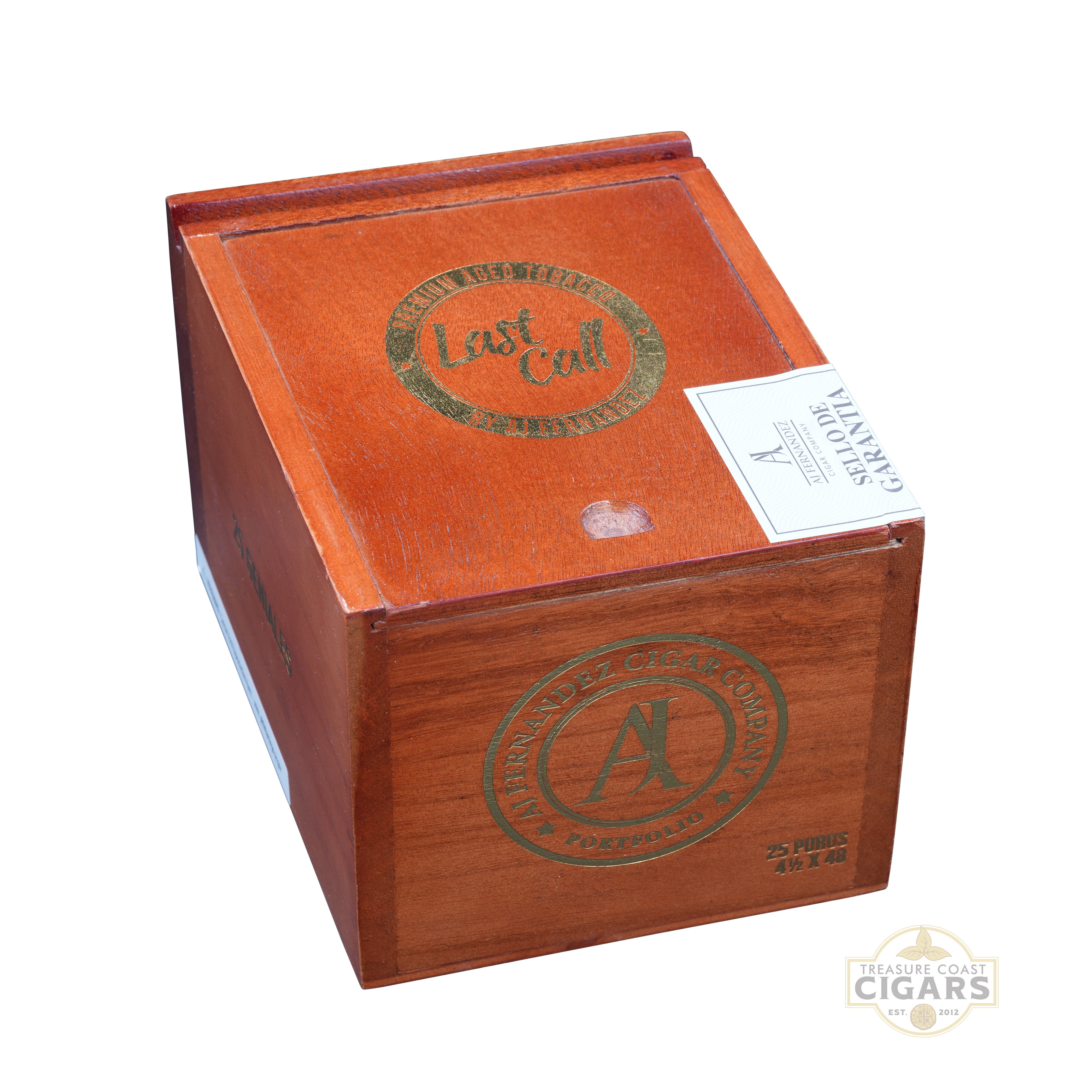 Wooden cigar box with 'Last Call' branding on a white background