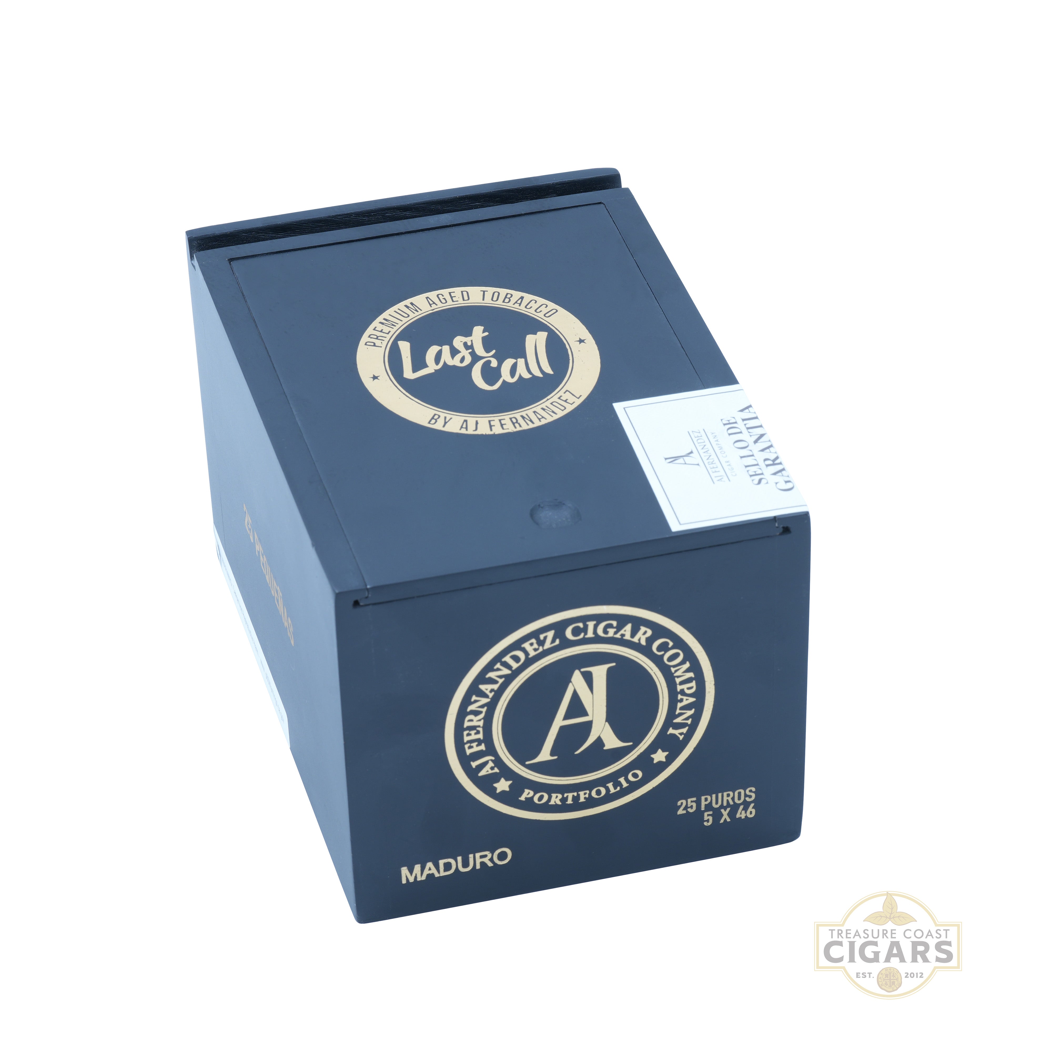 Blue cigar box with 'Last Call' and 'A.J. Fernandez Cigar Company' branding on a white background