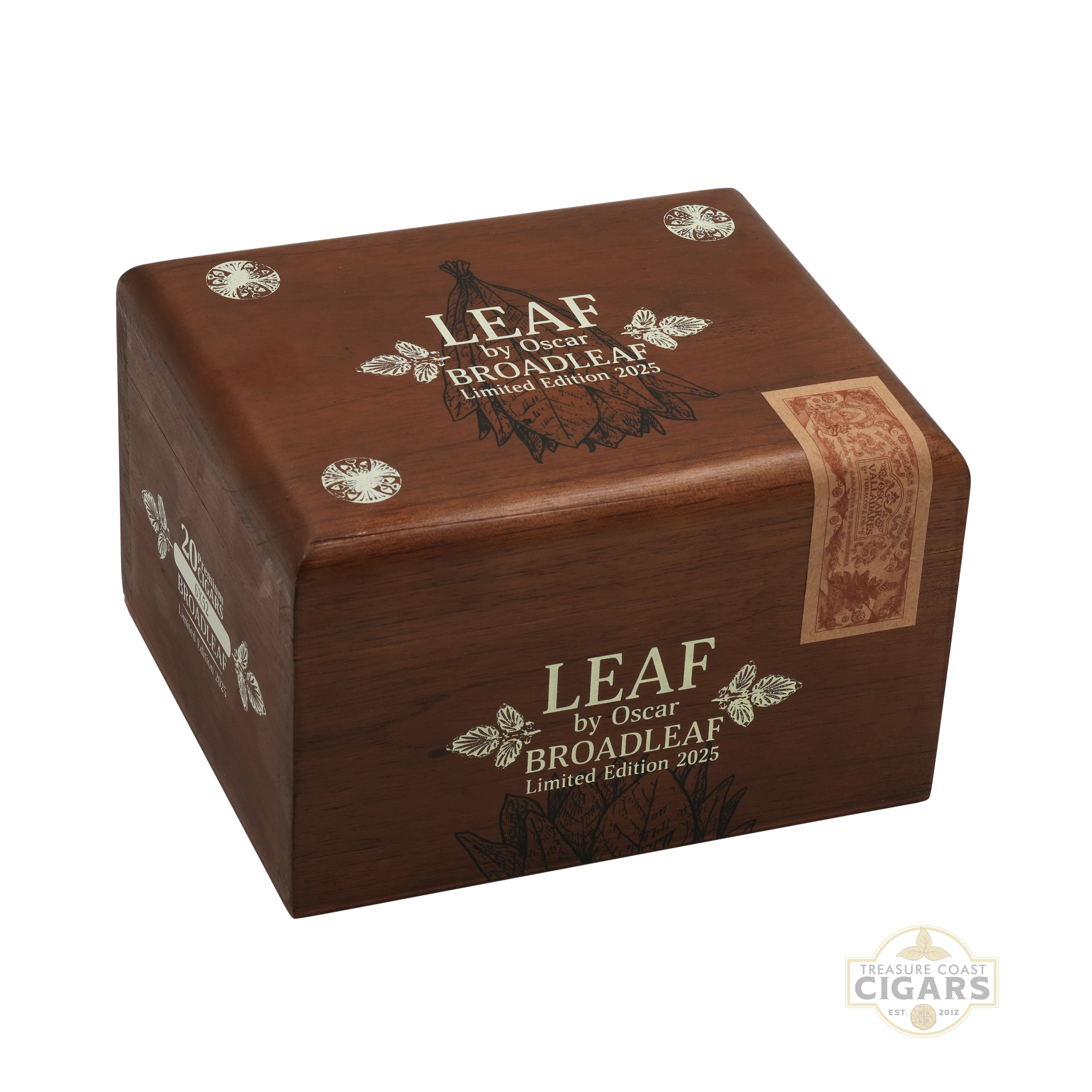 Wooden cigar box with 'Leaf by Oscar Broadleaf' branding on a white background
