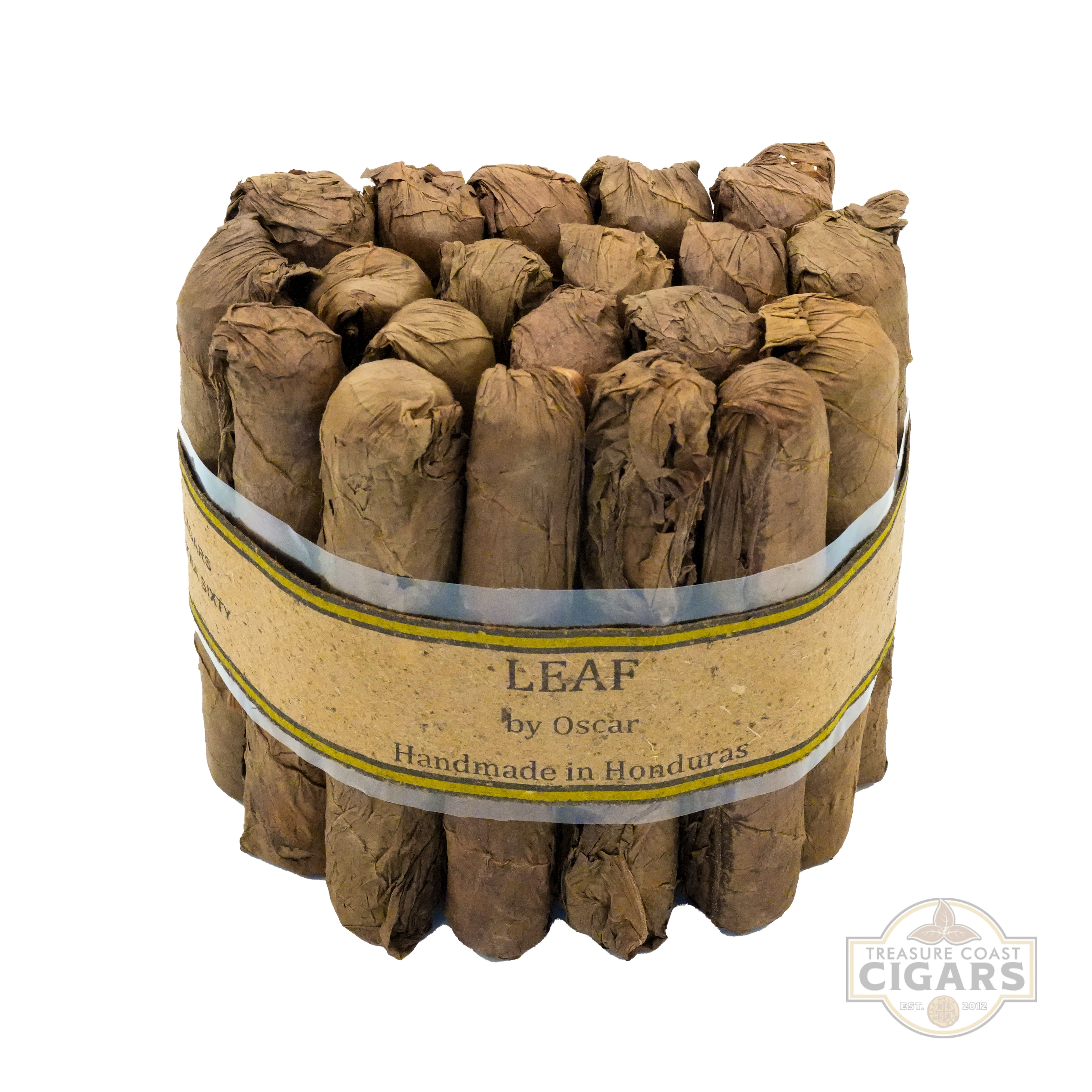 Bunch of cigars wrapped in brown paper with 'LEAF by Oscar' branding on a white background.