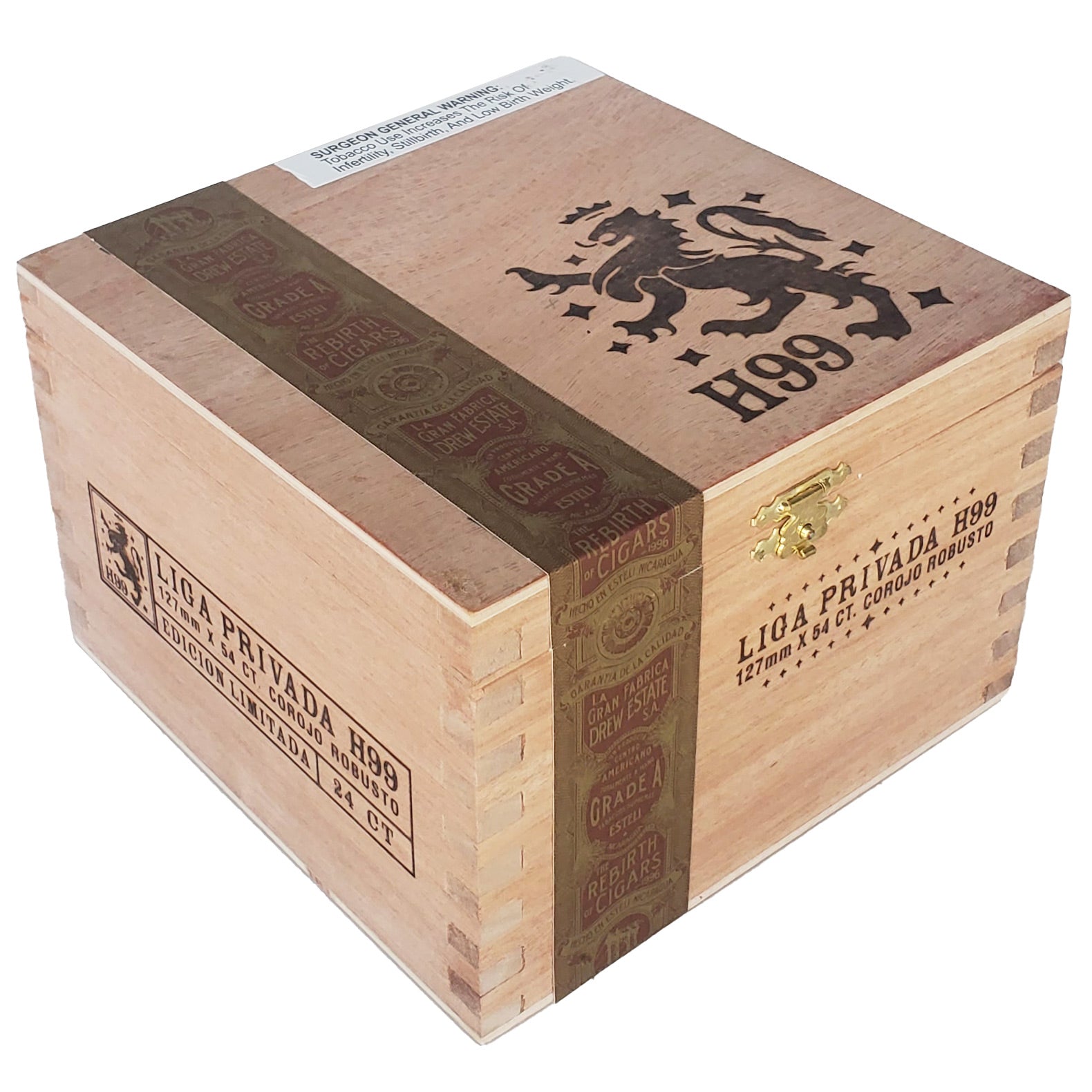Wooden cigar box with 'H99' branding and lion emblem on a white background
