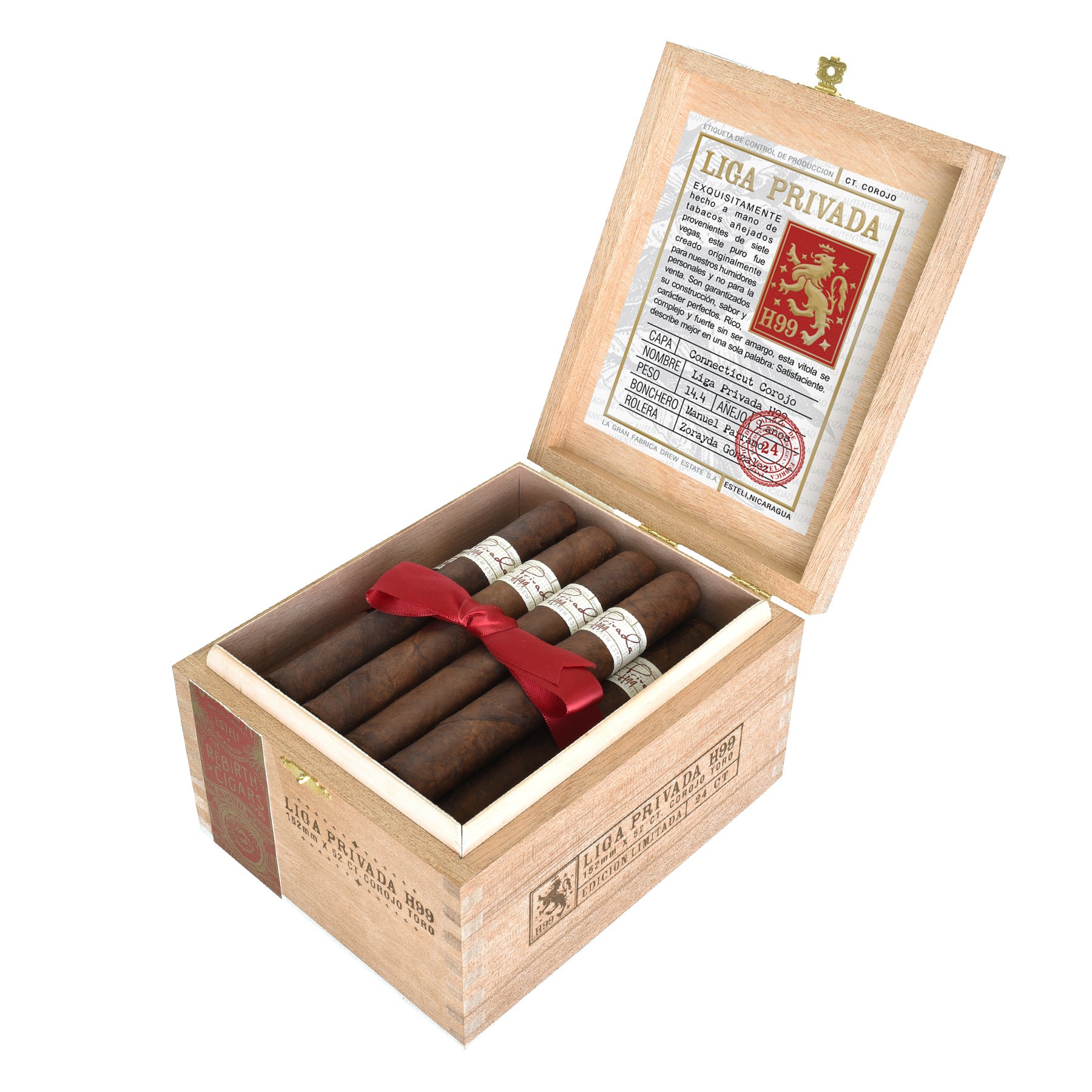 Open wooden box of Liga Privada H99 cigars with a red ribbon on a white background