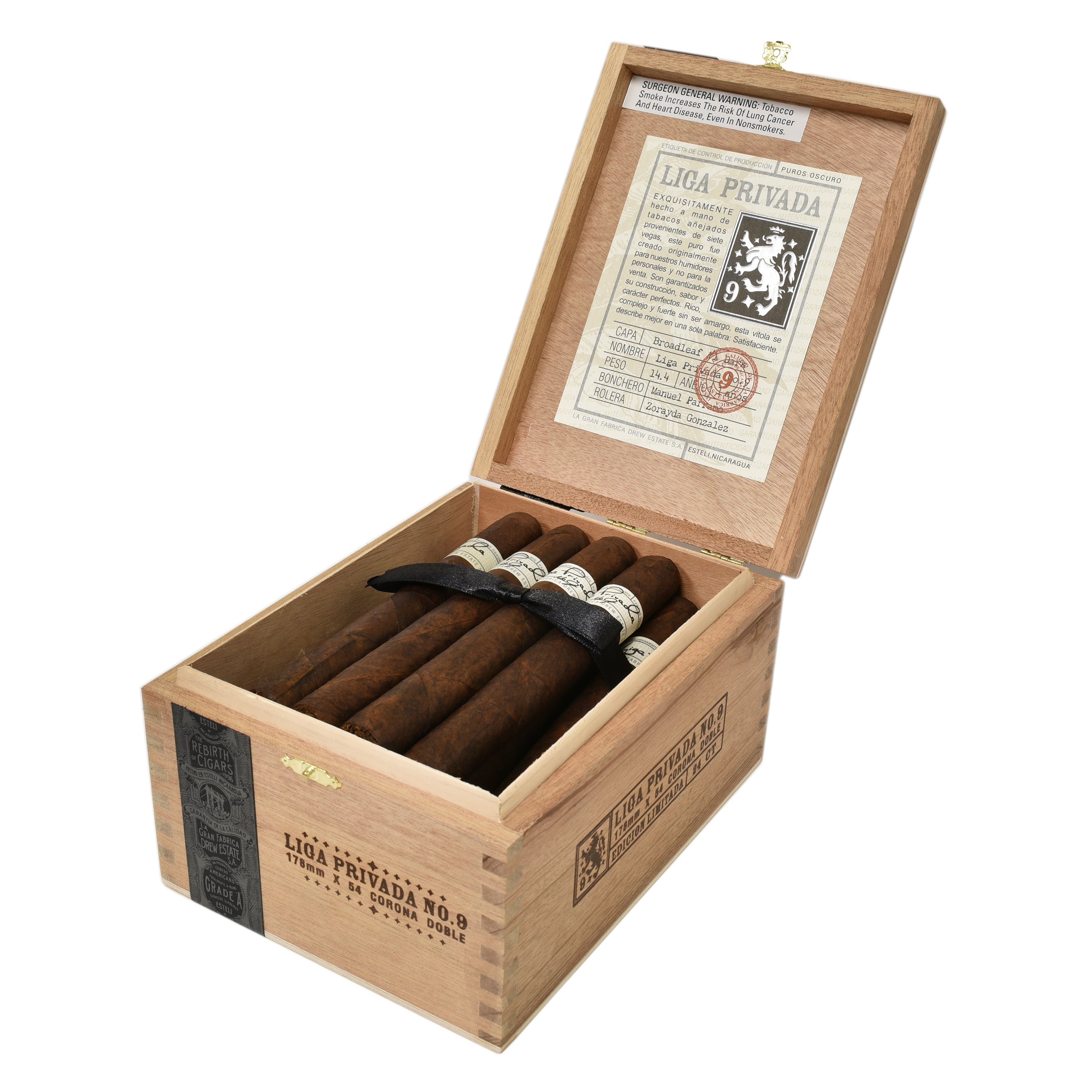 Open wooden box of Liga Privada cigars on a white background