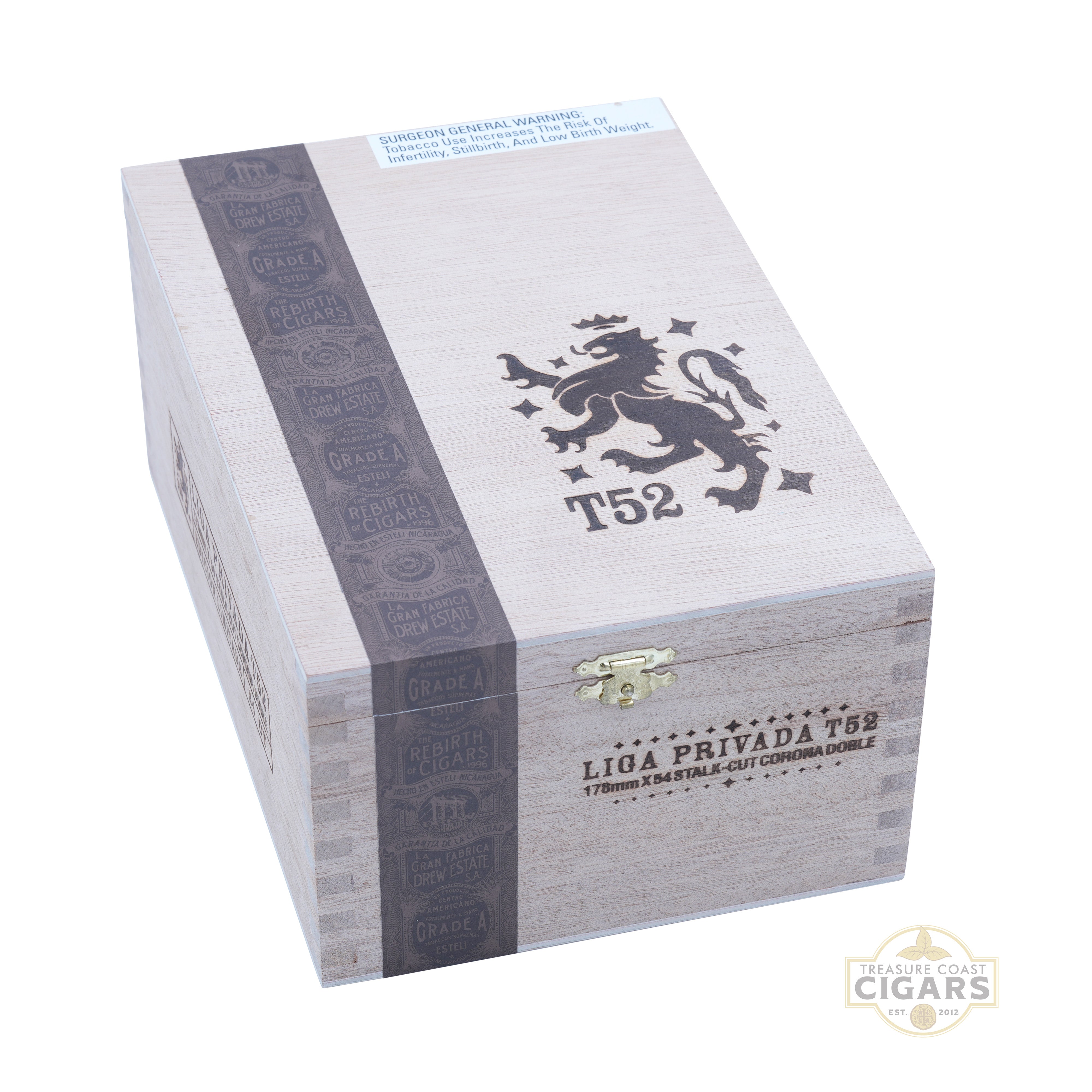 Cigar box with Liga Privada T52 branding on a white background