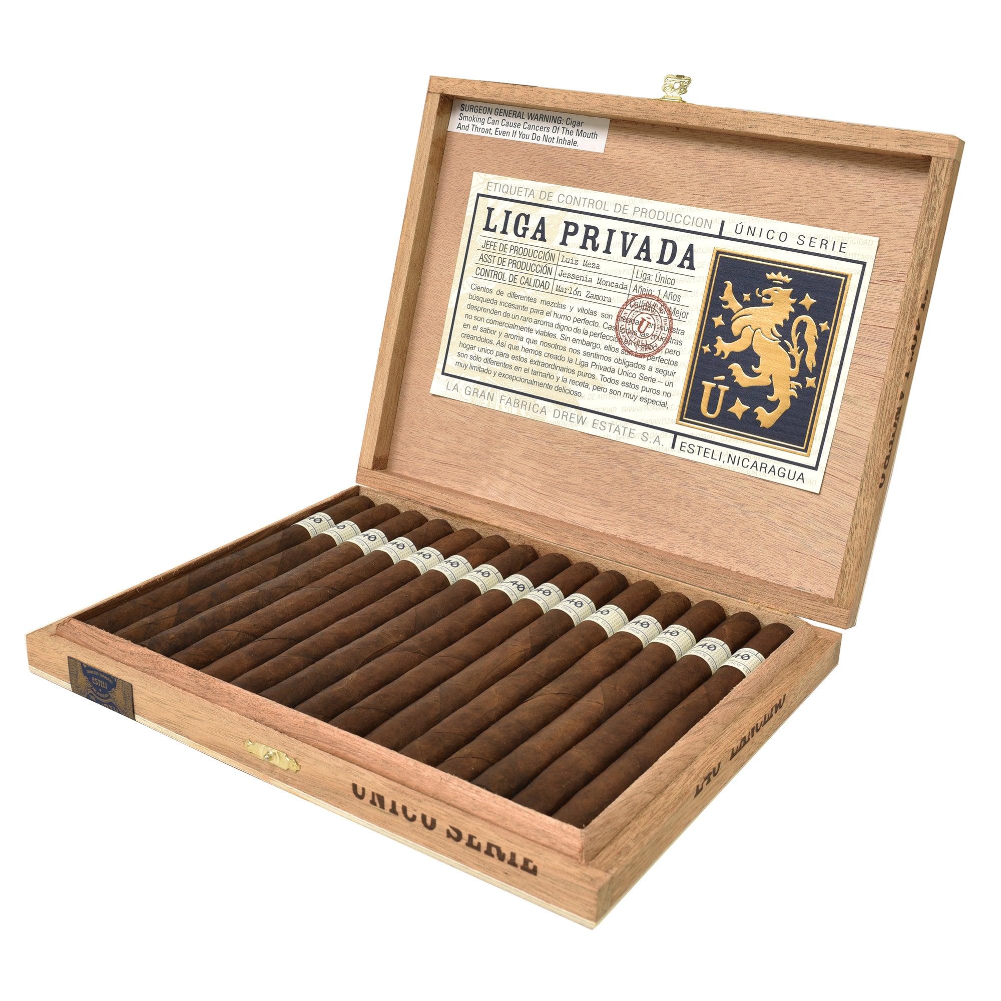 Open wooden box of Liga Privada L40 cigars with a visible label on a white background