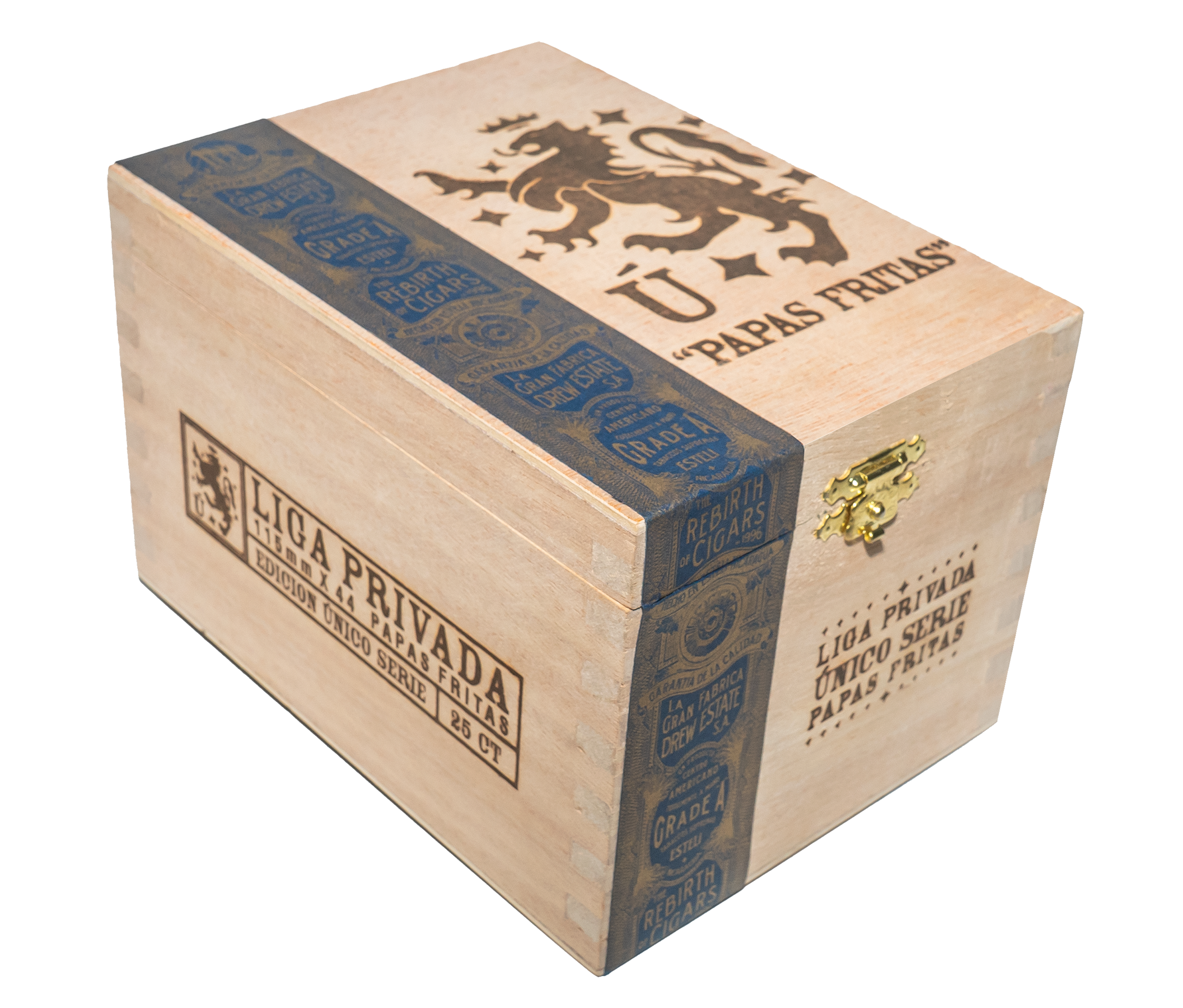 Wooden box with branding and text on a white background