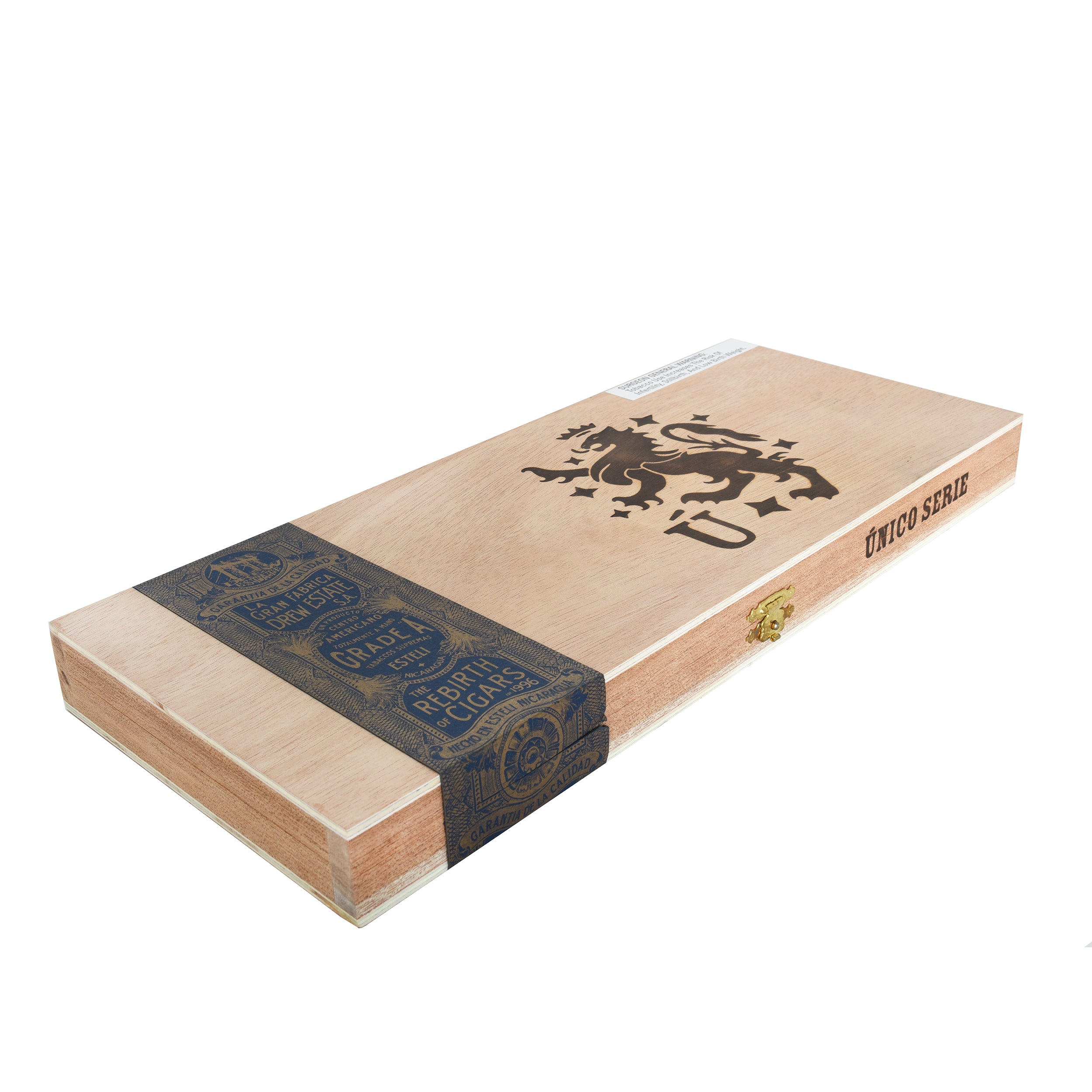 Cigar box with a lion emblem and 'Unico' branding on a white background