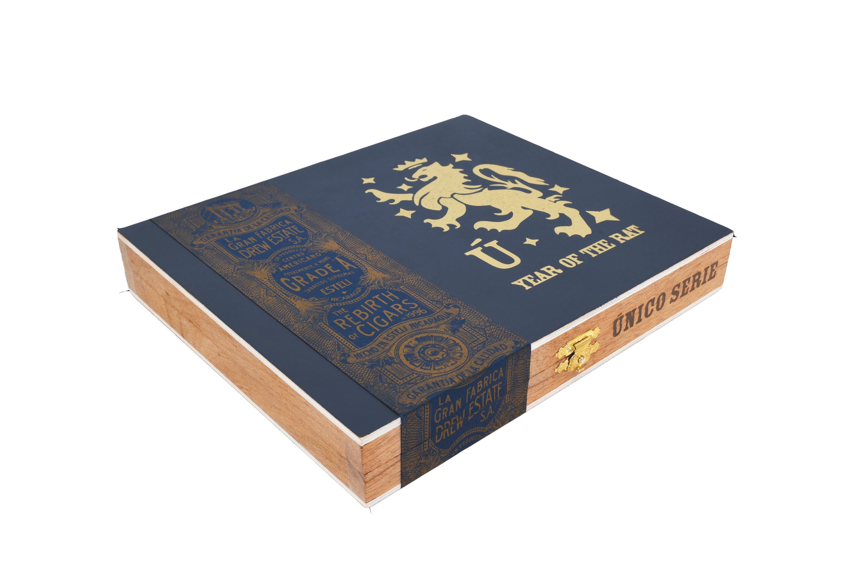 Blue and gold cigar box with a lion emblem on a white background