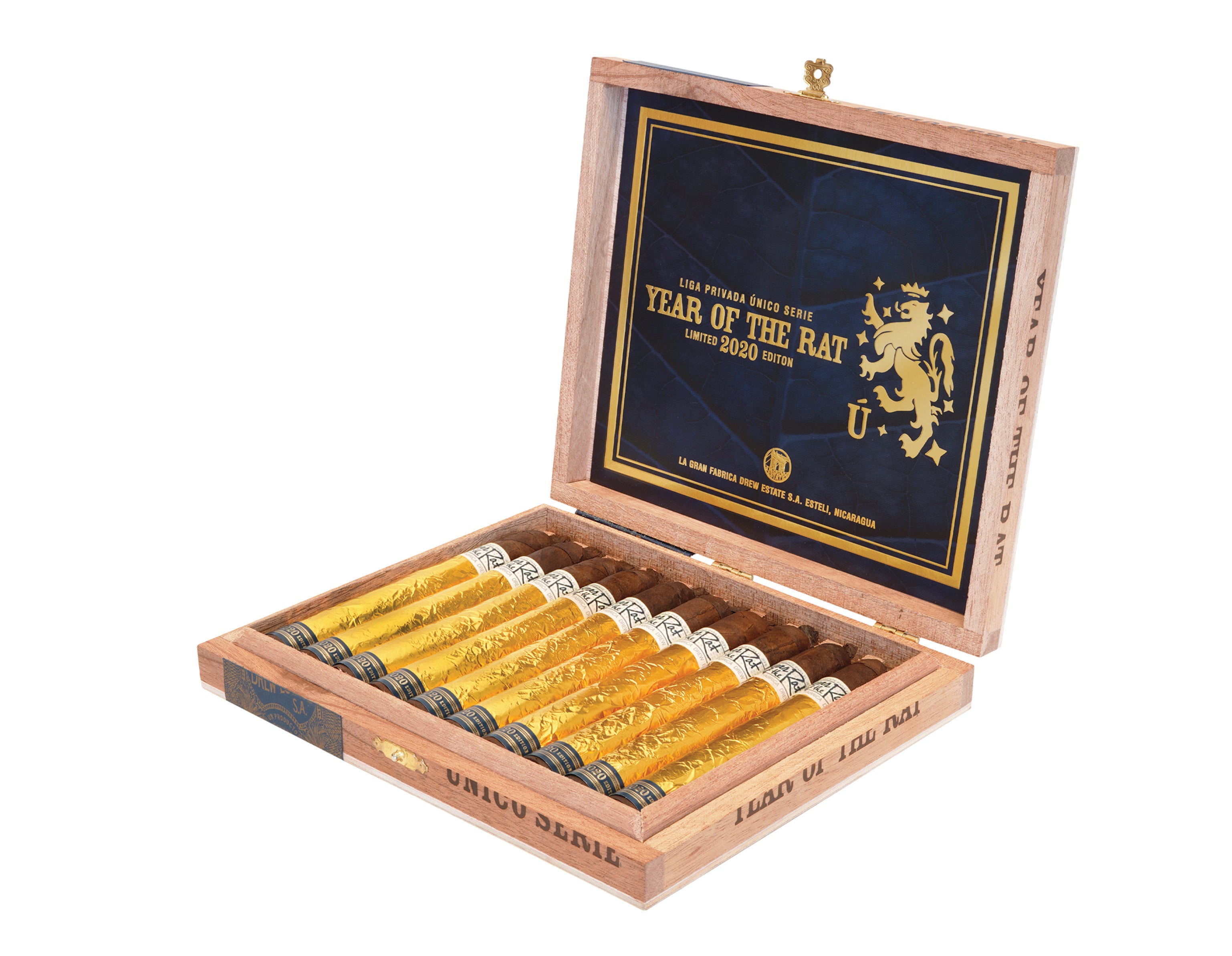 Cigar humidor with 'Year of the Rat' design on a white background