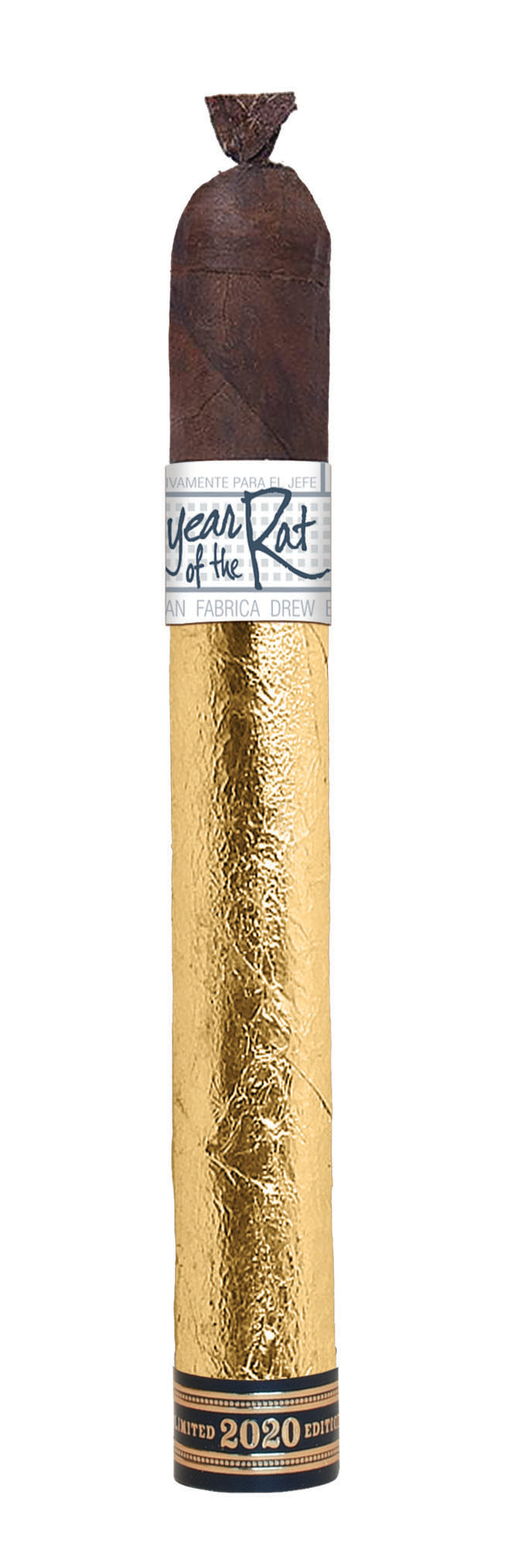 Cigar with gold wrapper and black band on a white background