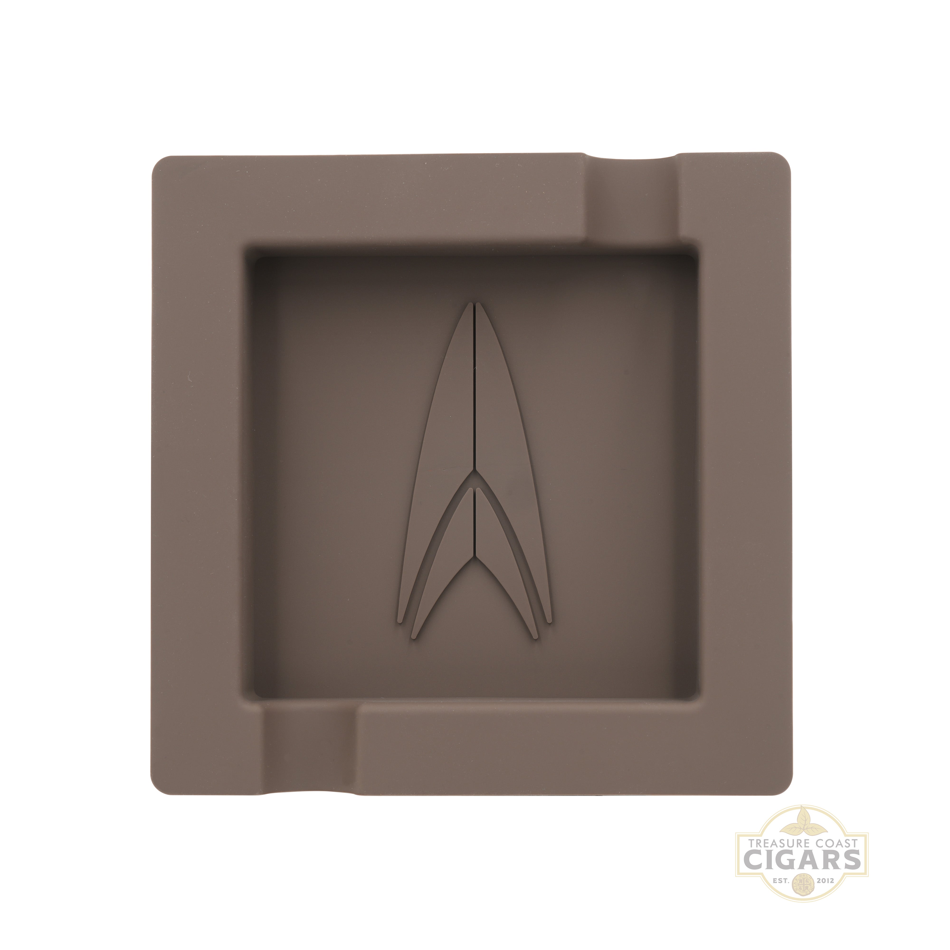 Brown square ashtray with a logo on a white background