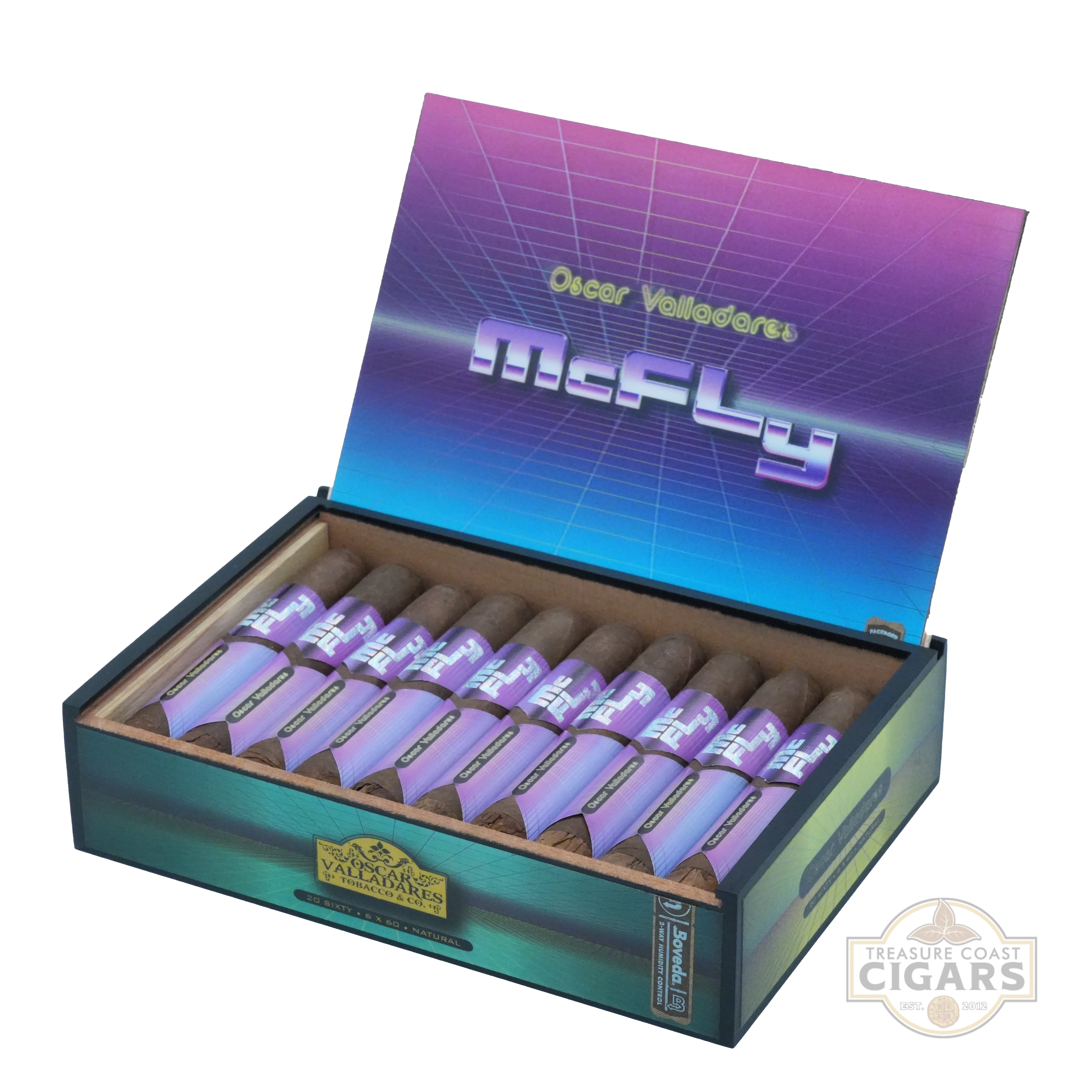 Open box of cigars with purple labels and 'Oscar Valladare's McFly' branding on a white background.