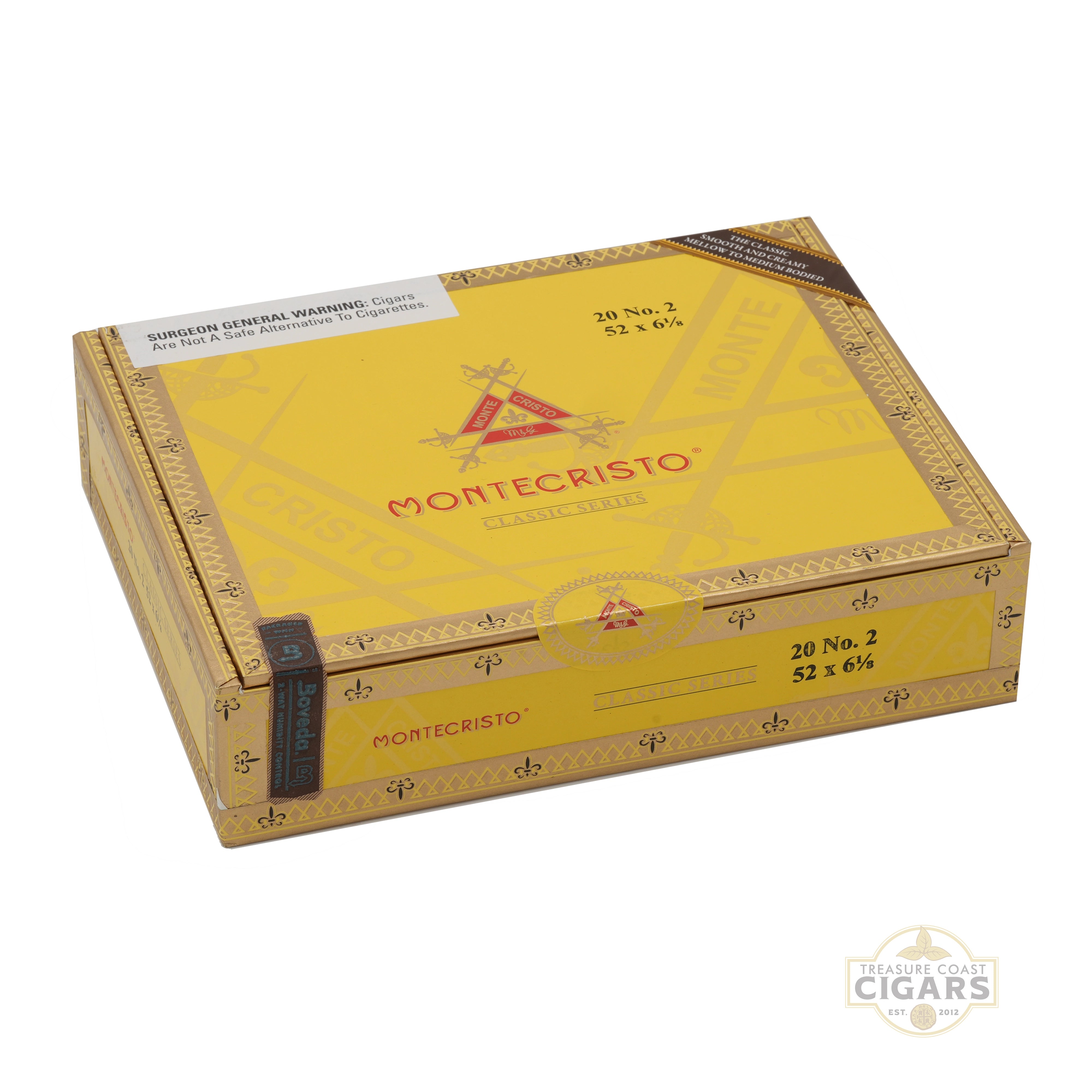 Montecristo cigar box with yellow and brown design on a white background