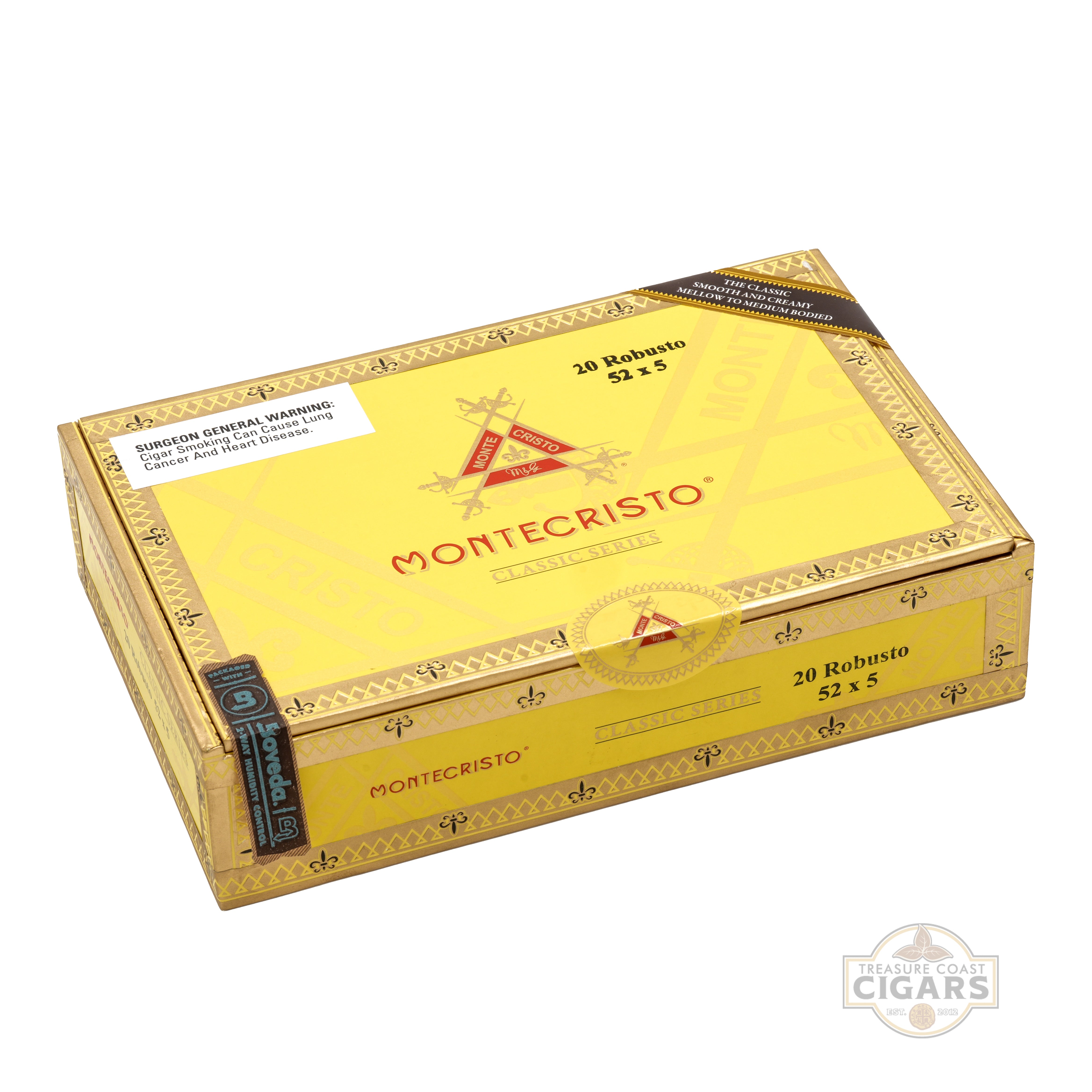 Montecristo cigar box with yellow lid and gold accents on a white background