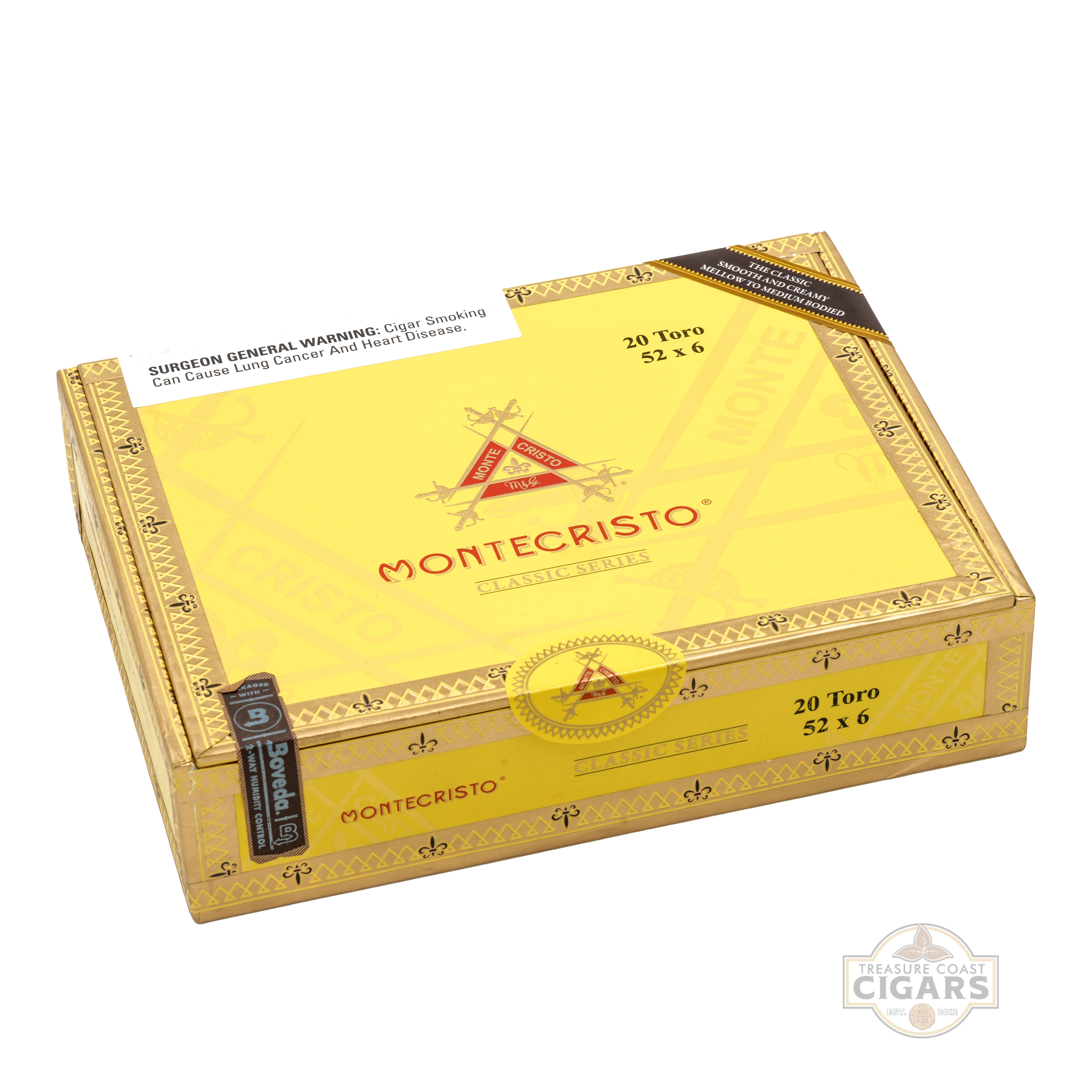 Montecristo cigar box with yellow and gold design on a white background