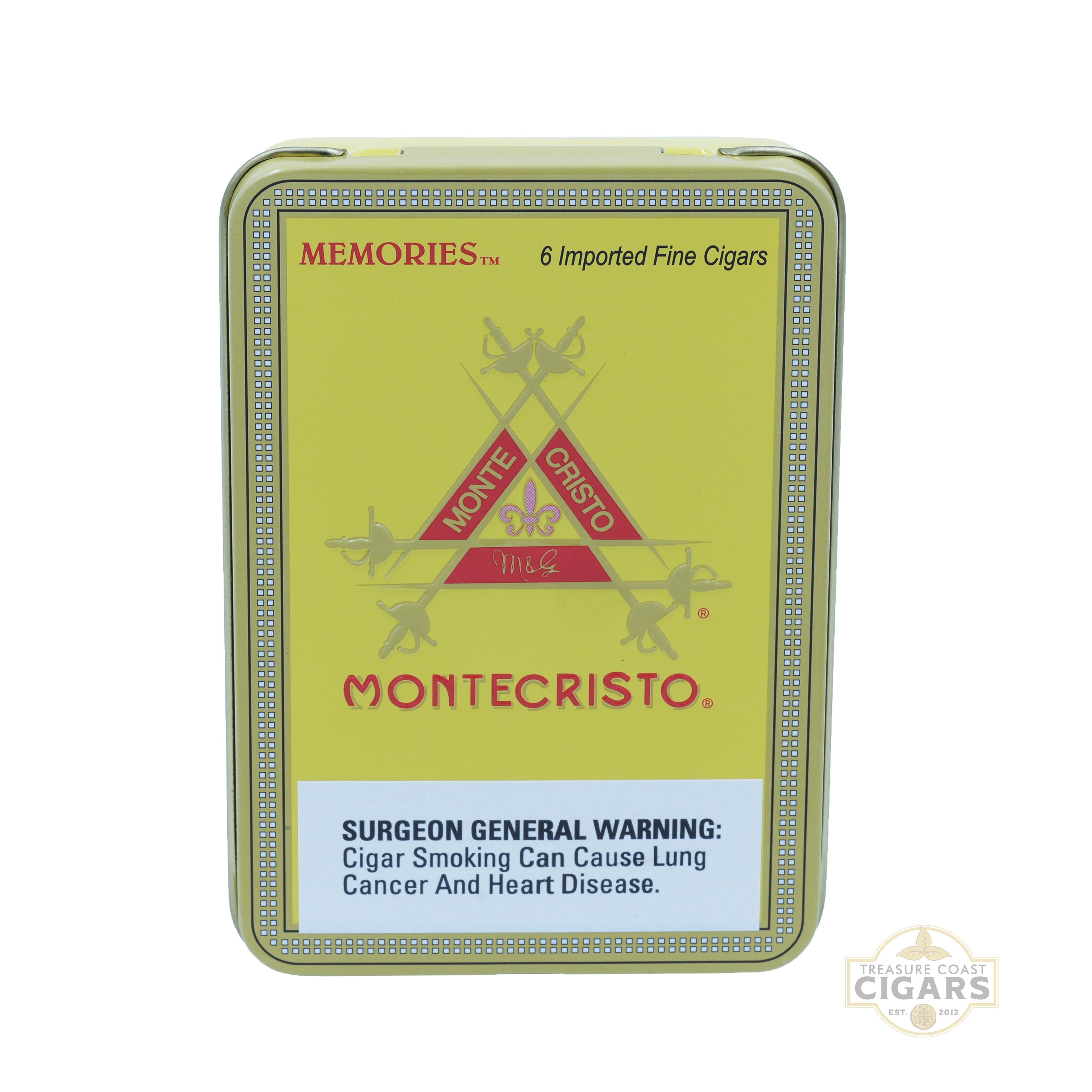 Montecristo Memories cigar tin with warning label on a white background