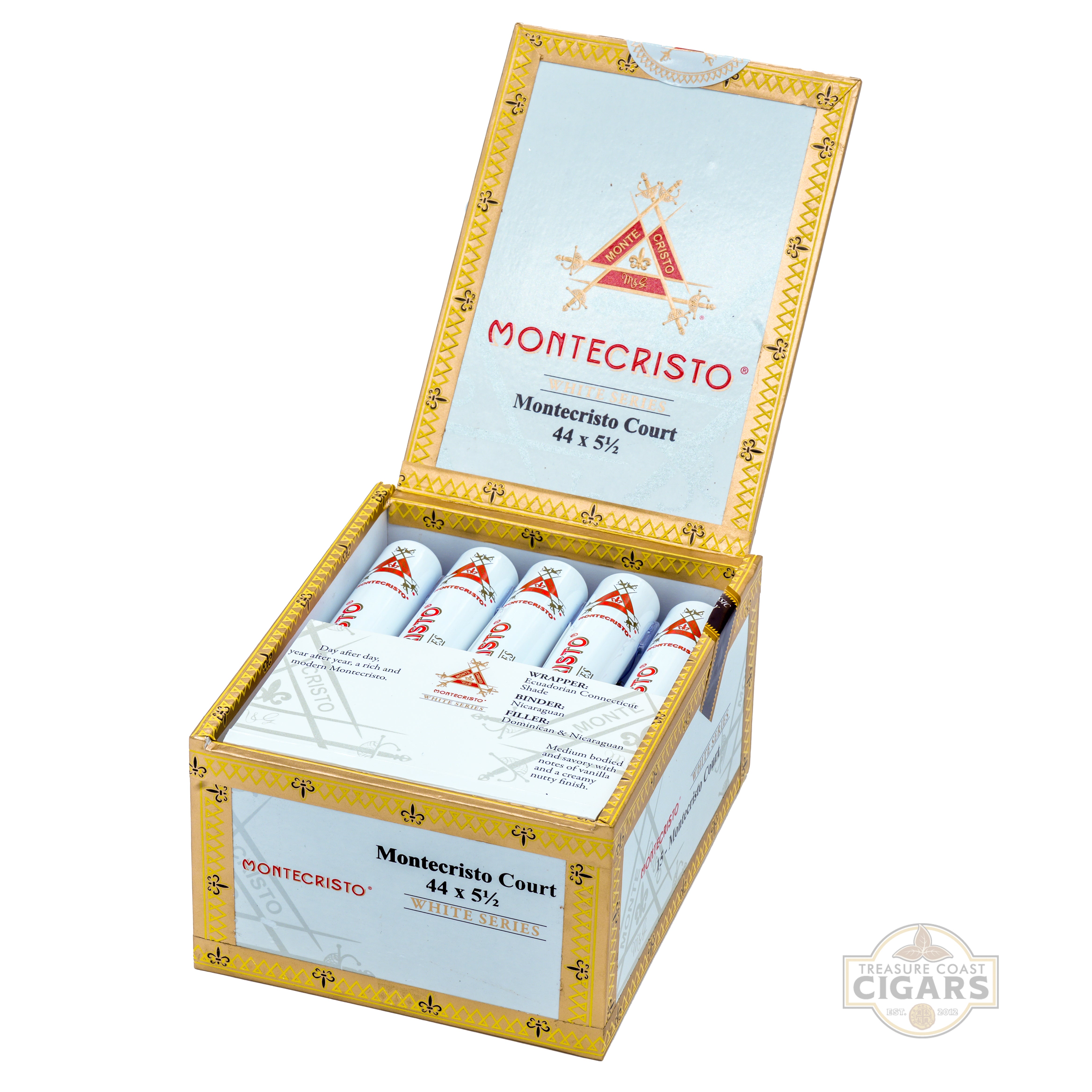 Montecristo Court cigars in an ornate box on a white background