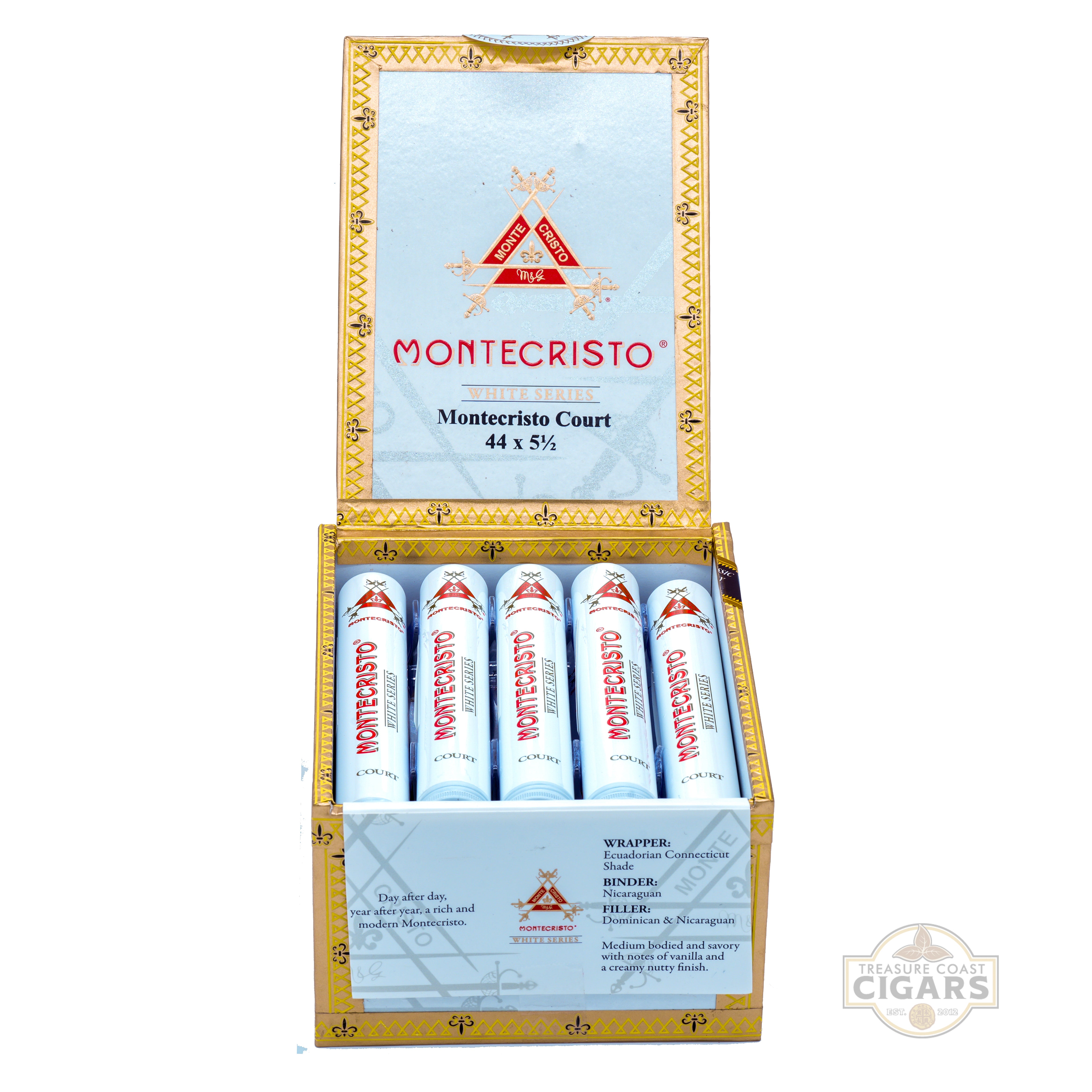 Montecristo cigars in display box on a white background