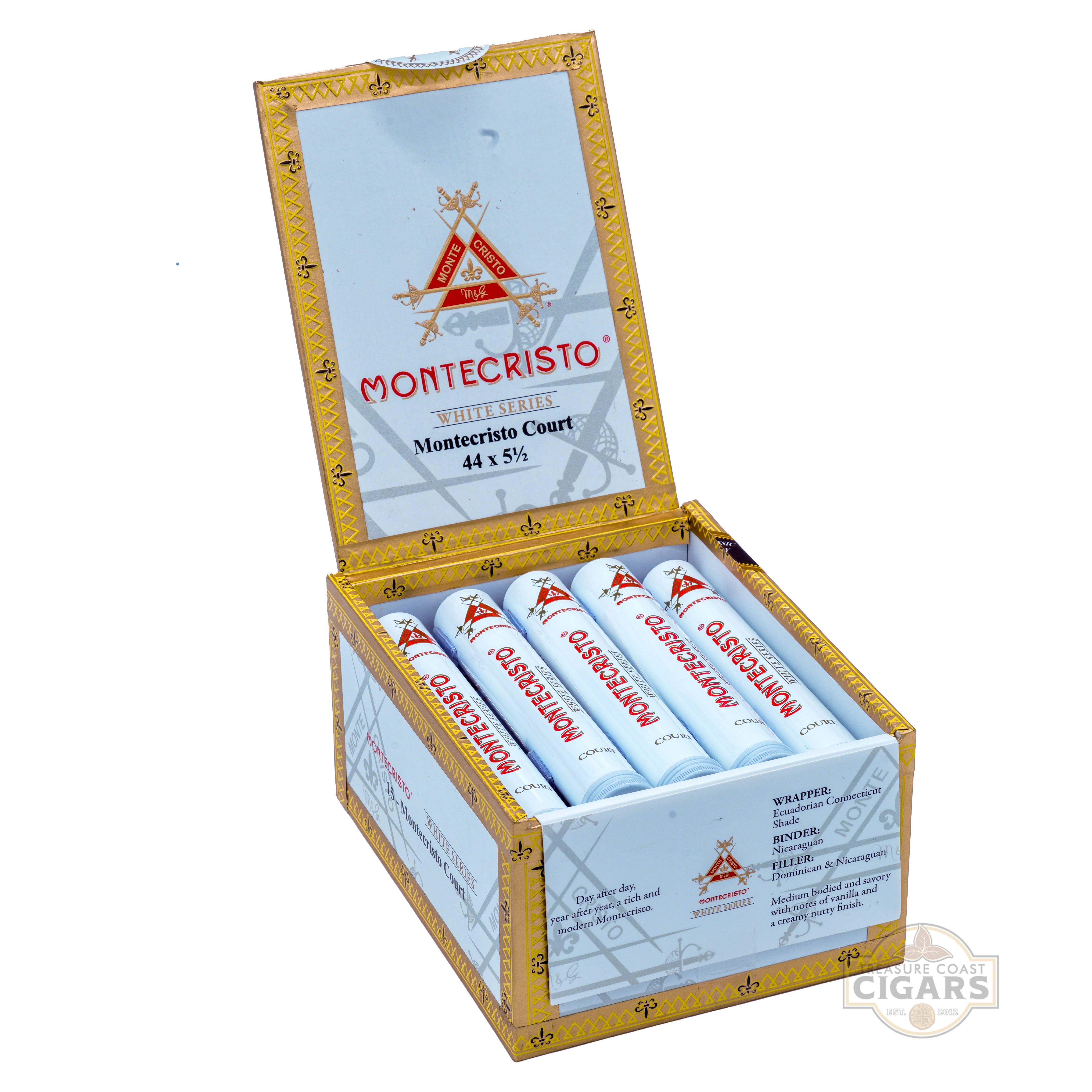 Montecristo cigars in an open box on a white background