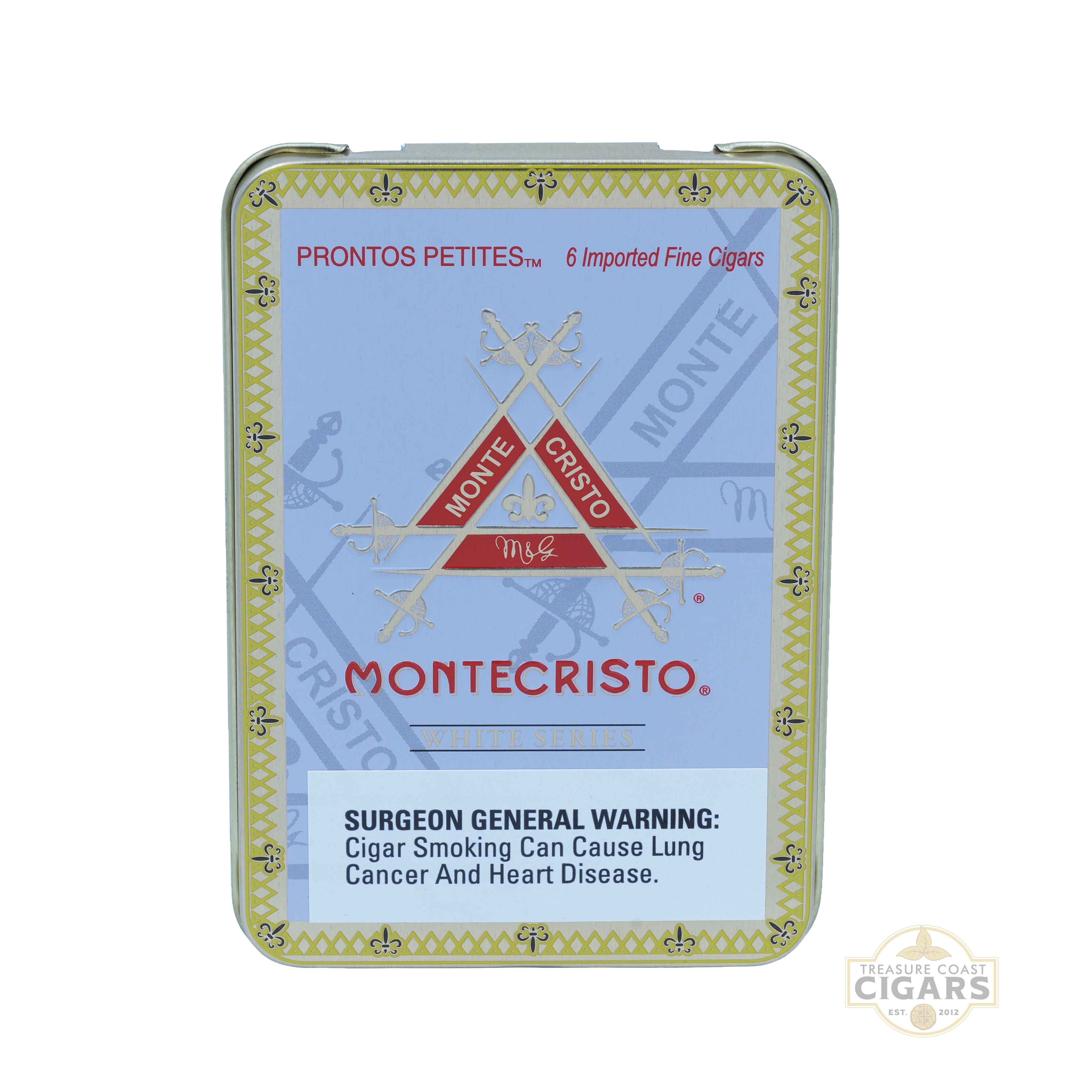 Montecristo cigar tin with branding and warning label on a white background