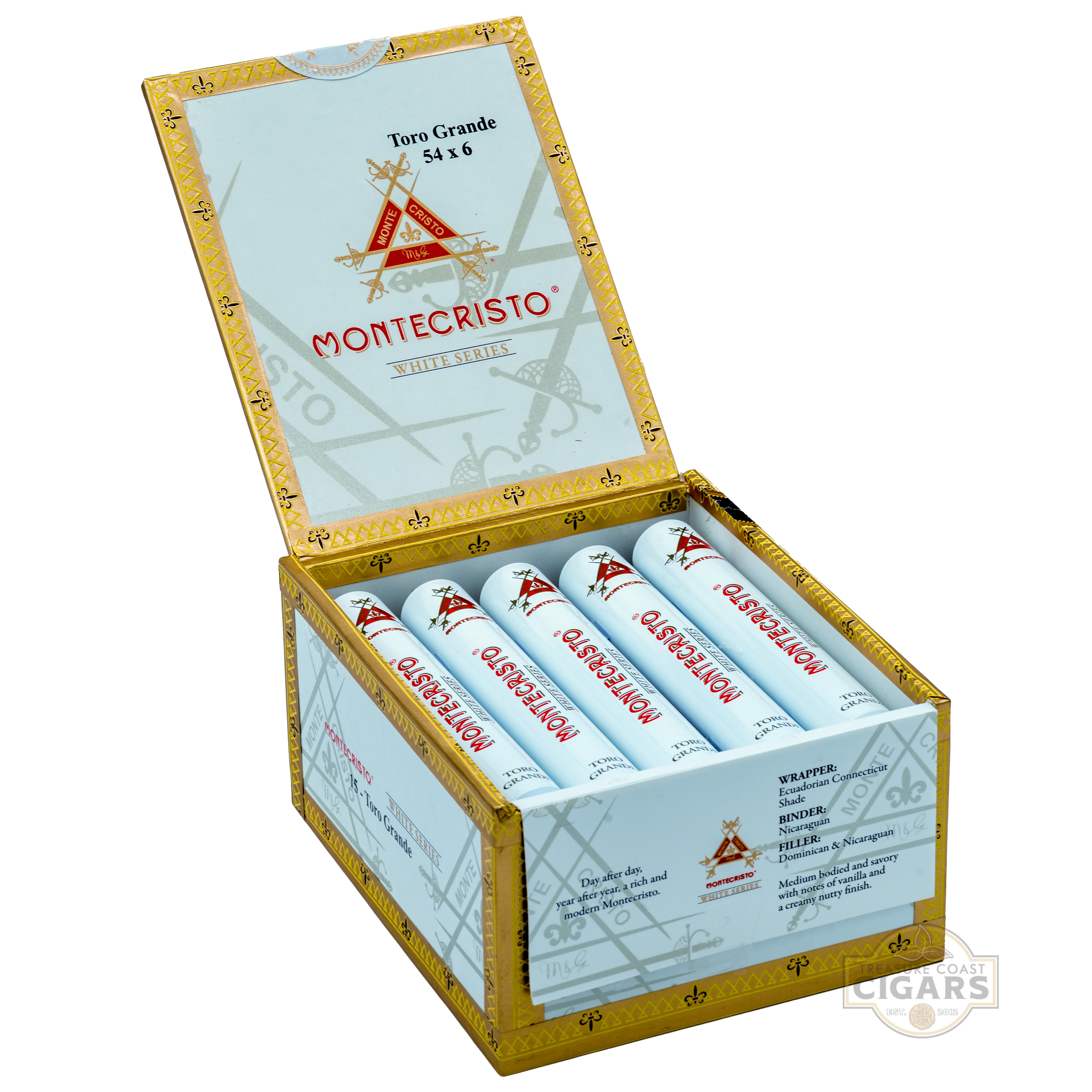 Montecristo cigars in an open box on a white background