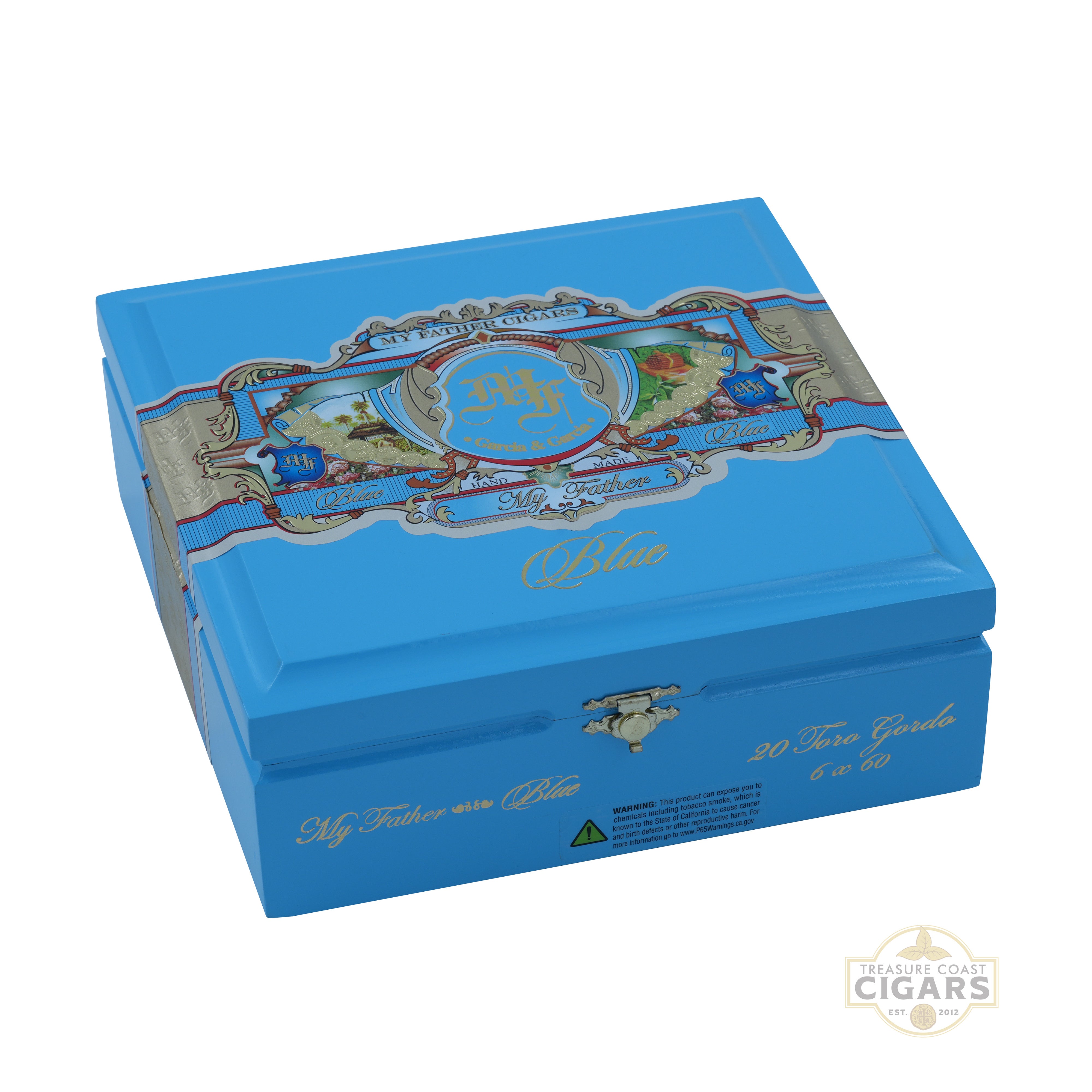 My Father Blue Toro Gordo cigar box with decorative elements on a white background