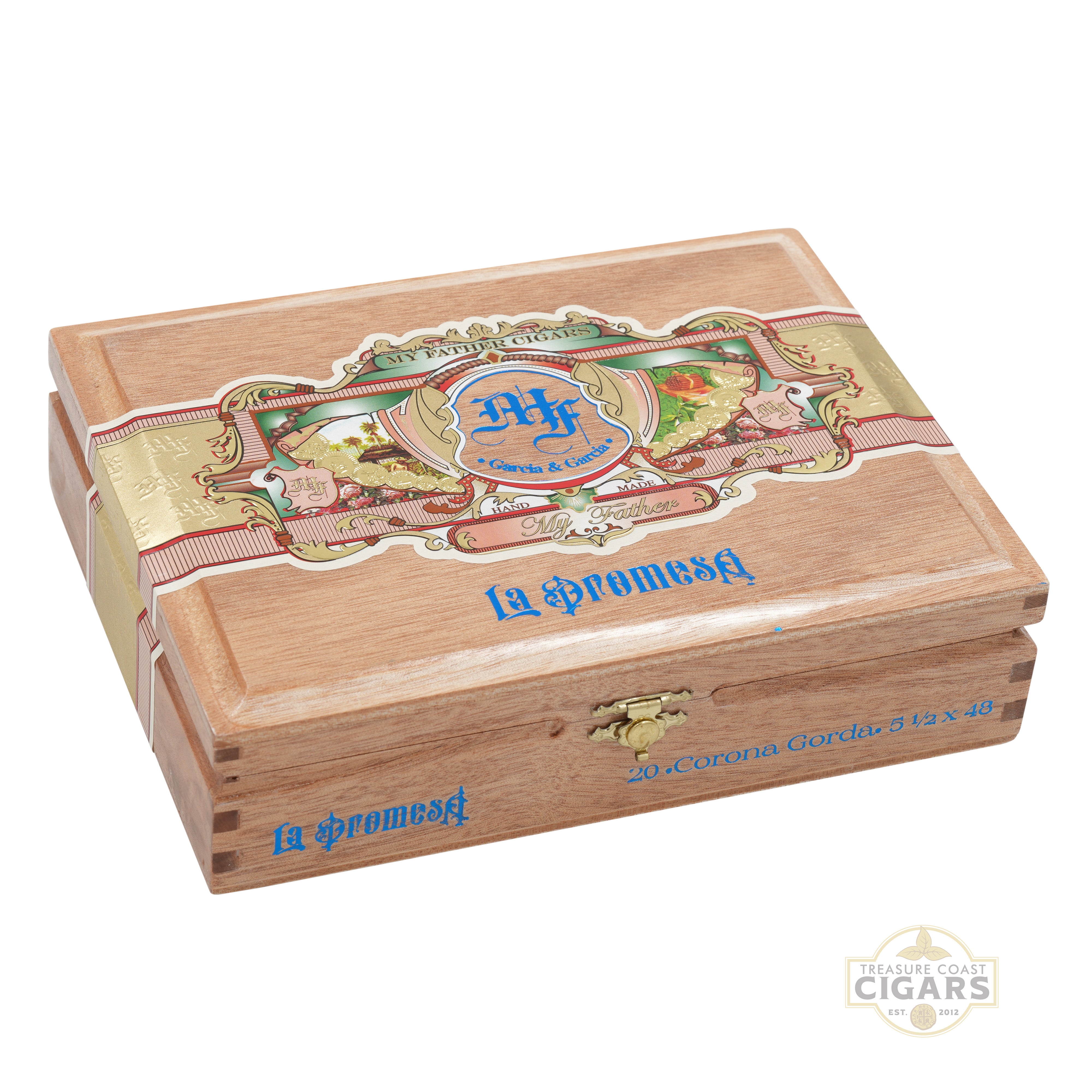 Wooden cigar box with decorative lid featuring branding on a white background