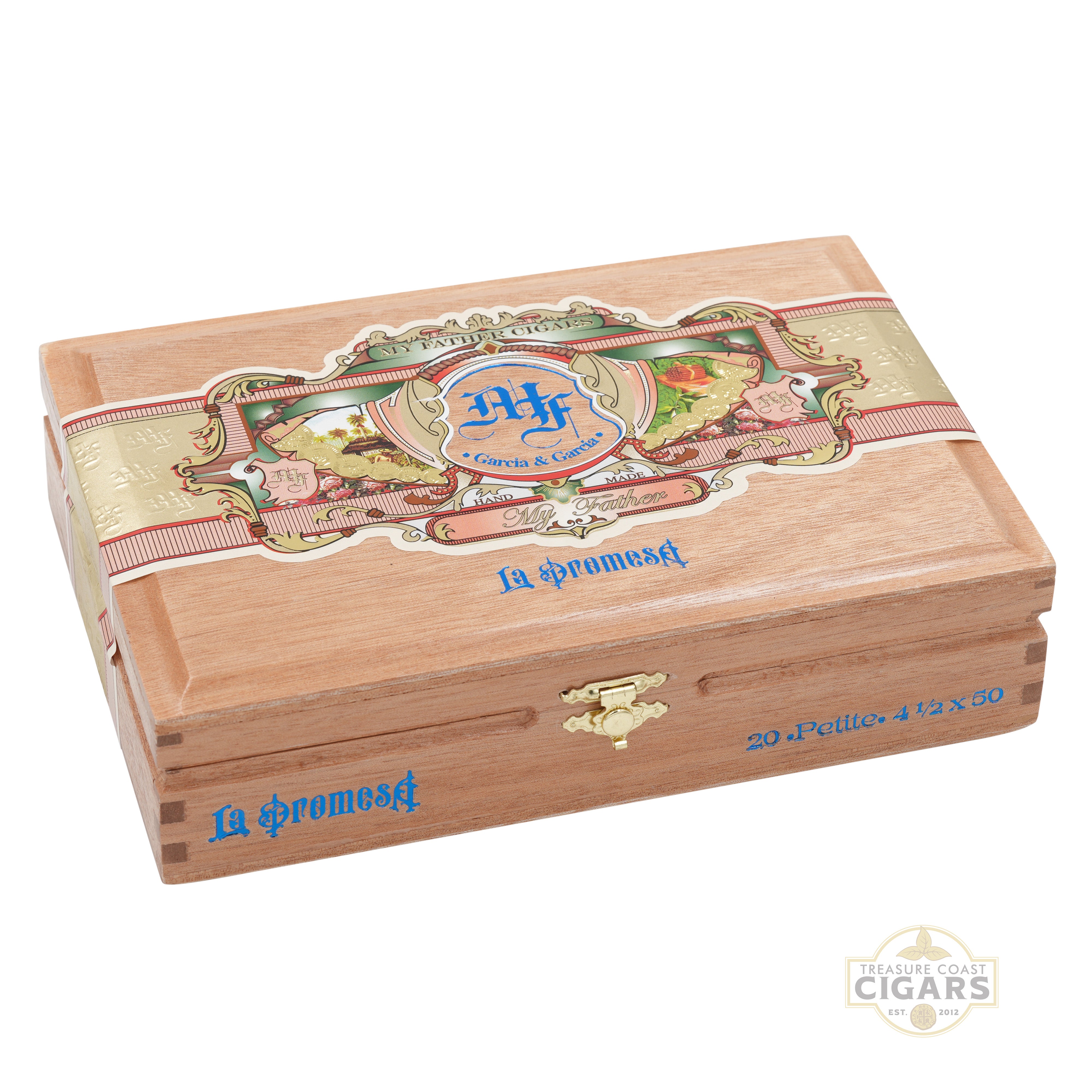Wooden cigar box with decorative band and 'La Promesa' branding on a white background