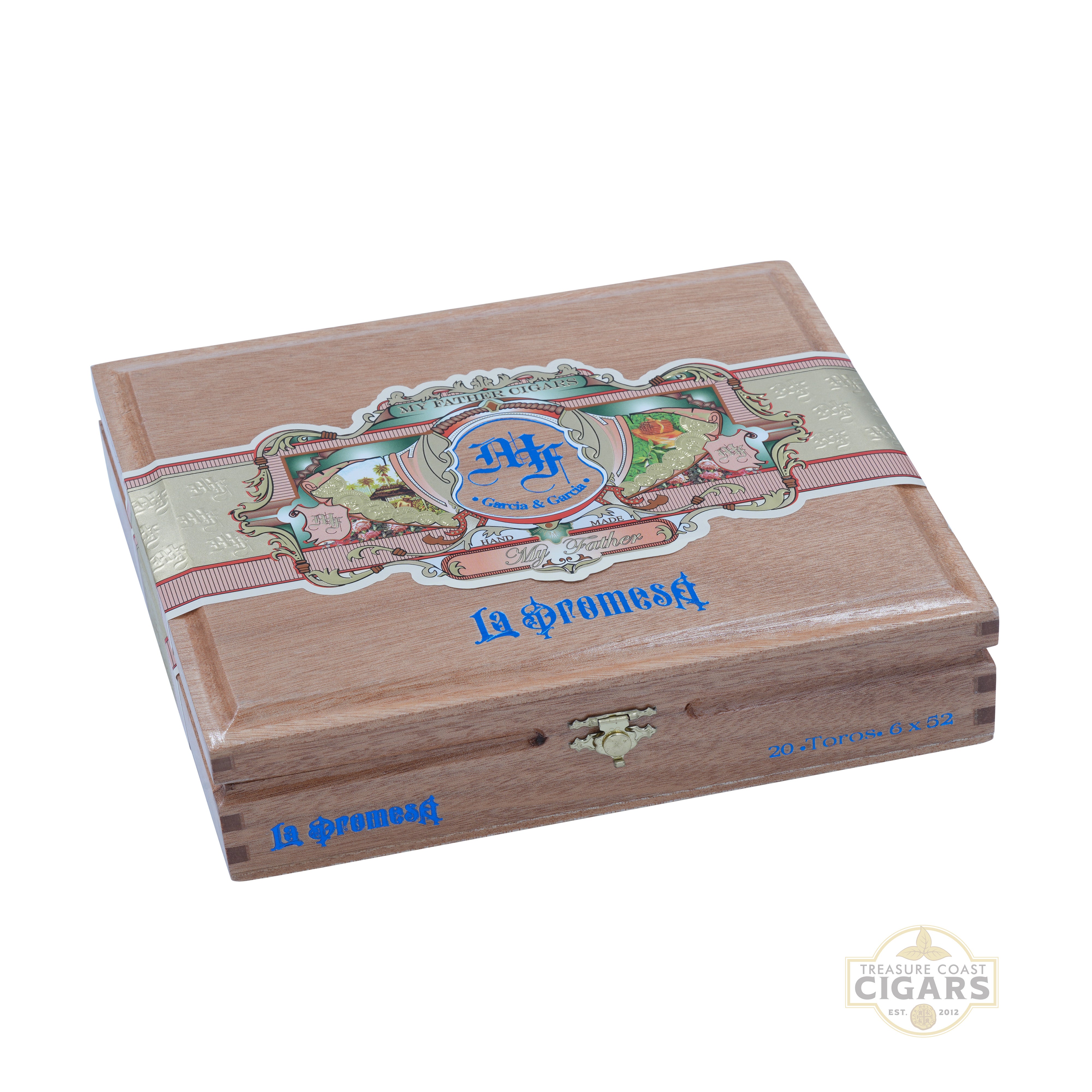 La Promesa Toro cigar box with decorative band and 'La Promesa' branding on a white background.