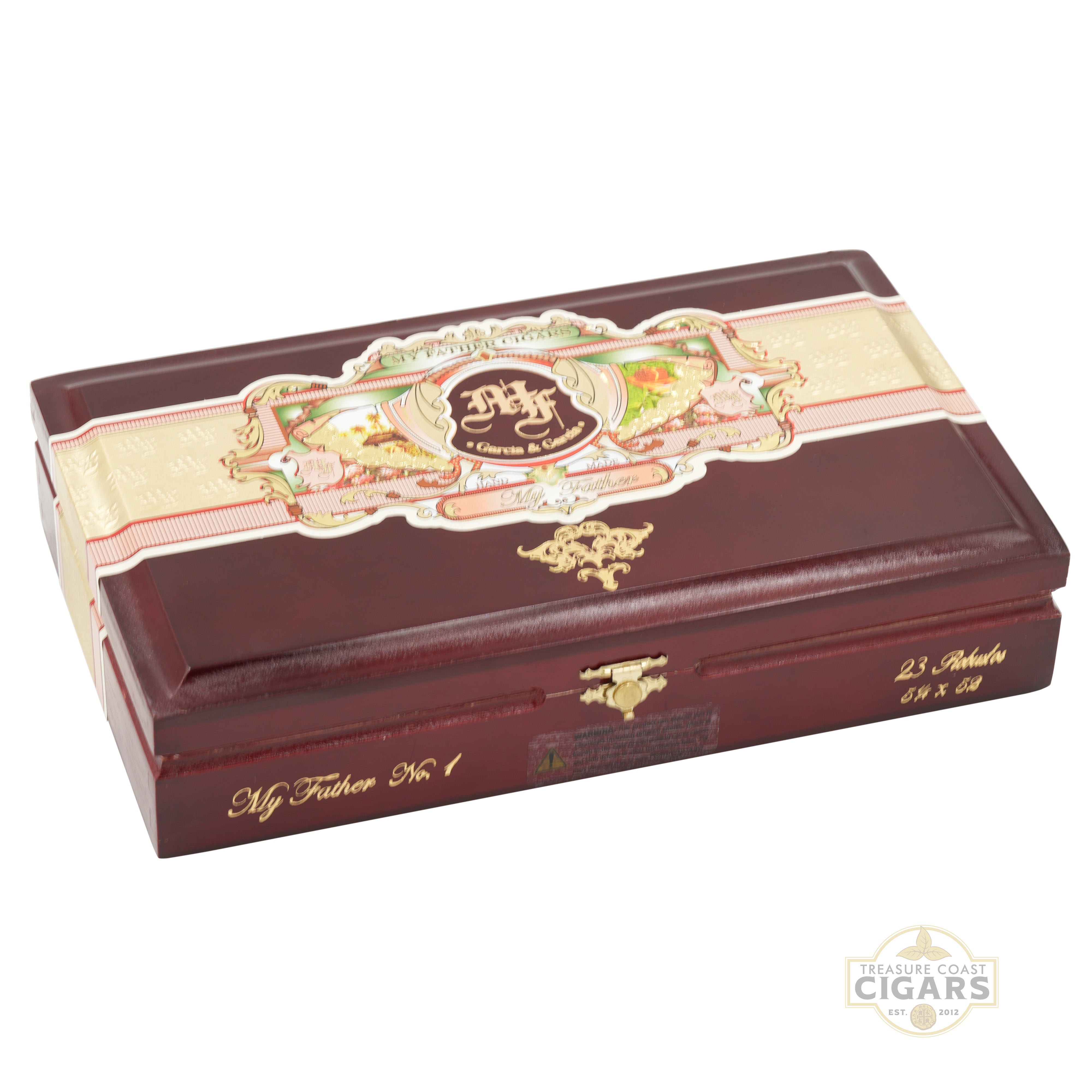 Cigar box with decorative lid featuring branding on a white background