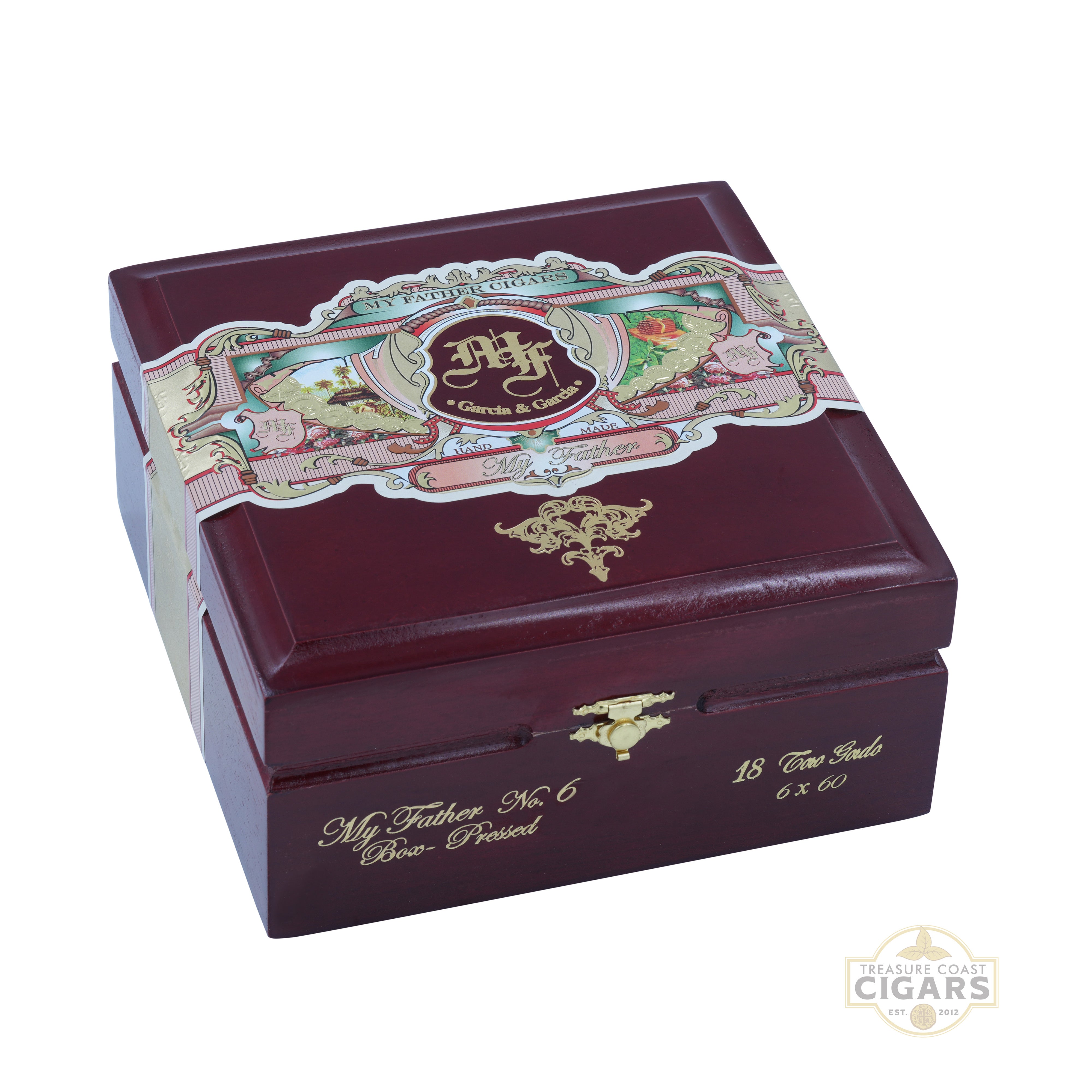 Maroon cigar box with decorative lid featuring branding on a white background