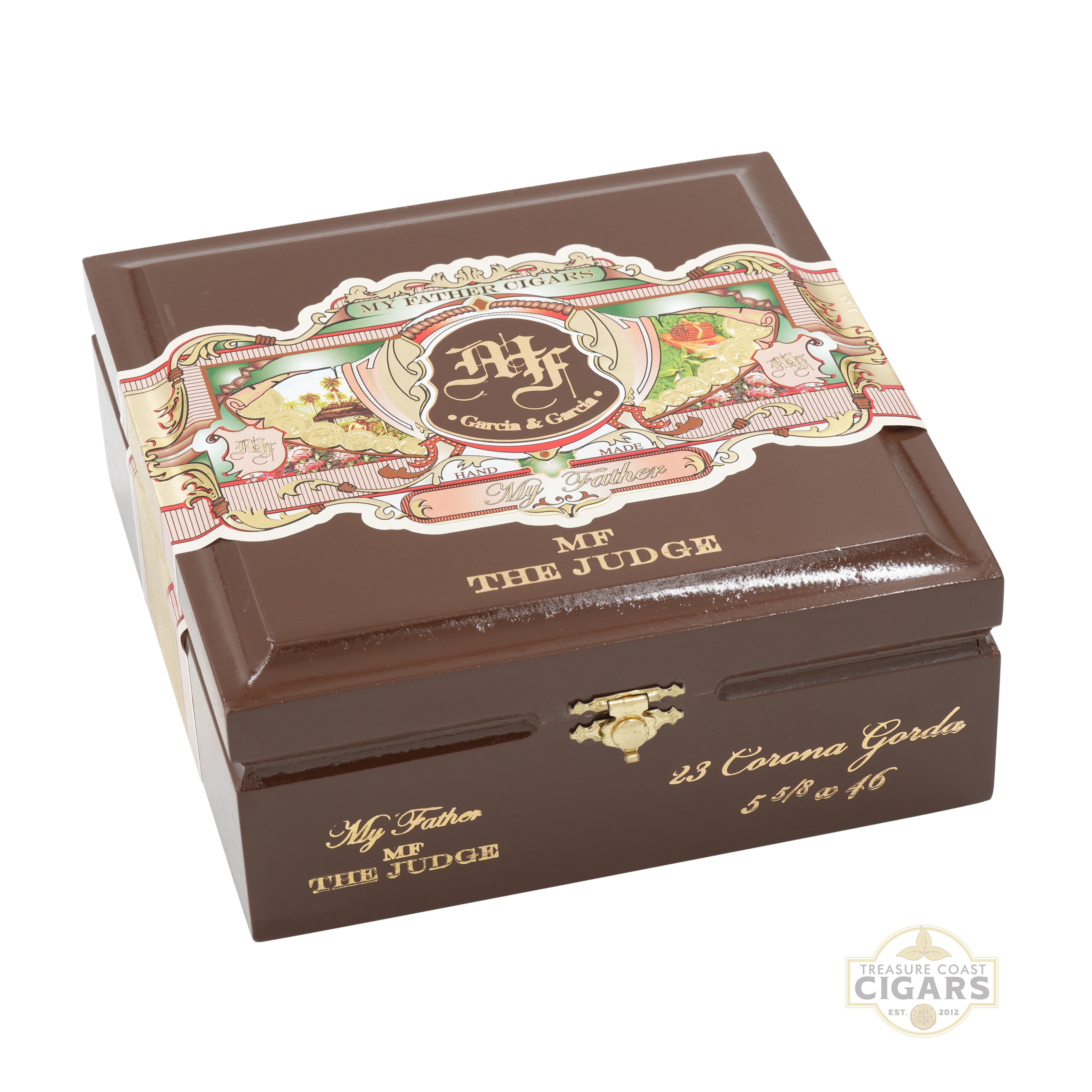 Cigar box with decorative lid featuring branding and product details on a white background