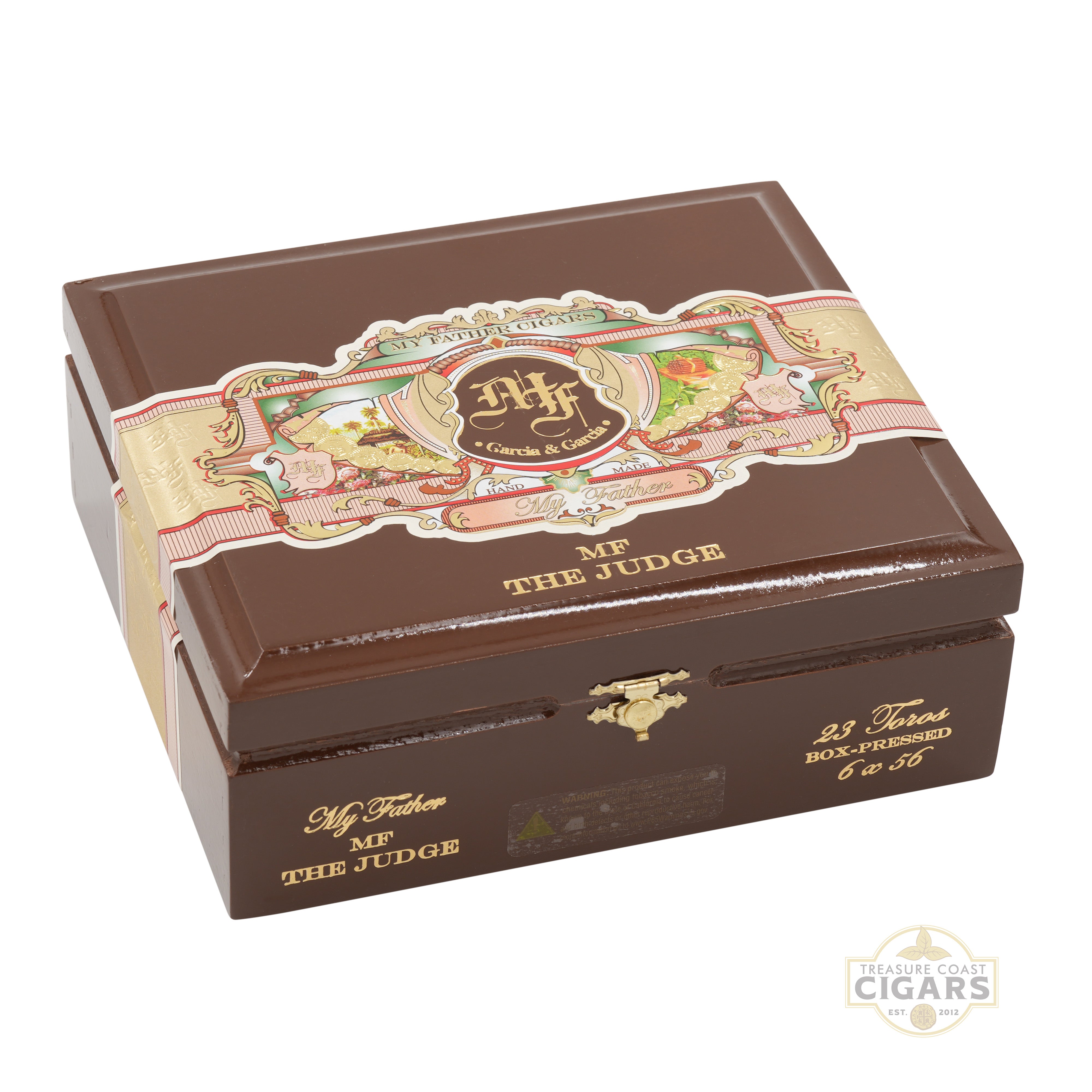 Cigar box with decorative lid featuring branding on a white background