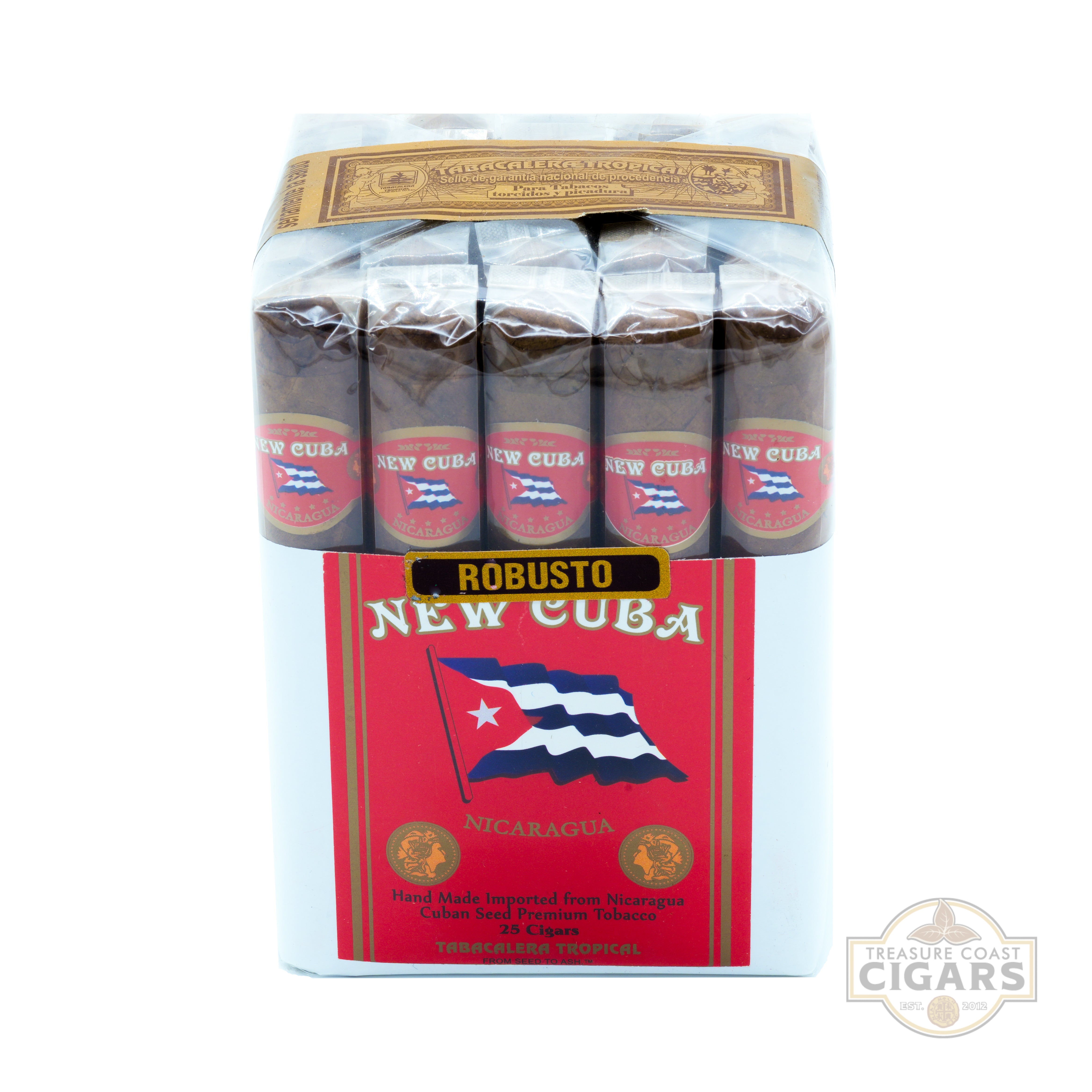 Pack of New Cuba Robusto cigars with a red label and flag design on a white background.