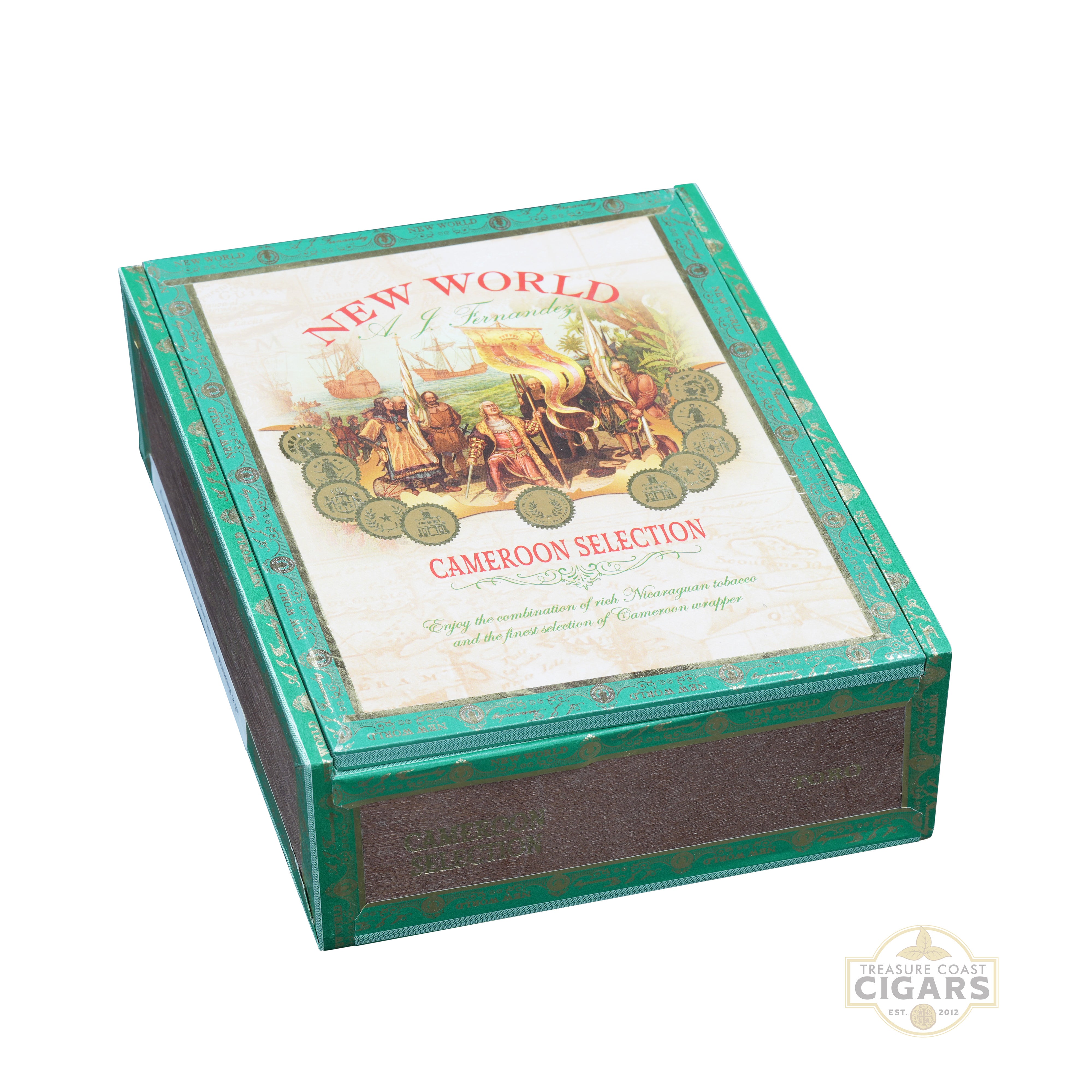 Cigar box with 'New World Cameroon Selection' label on a white background