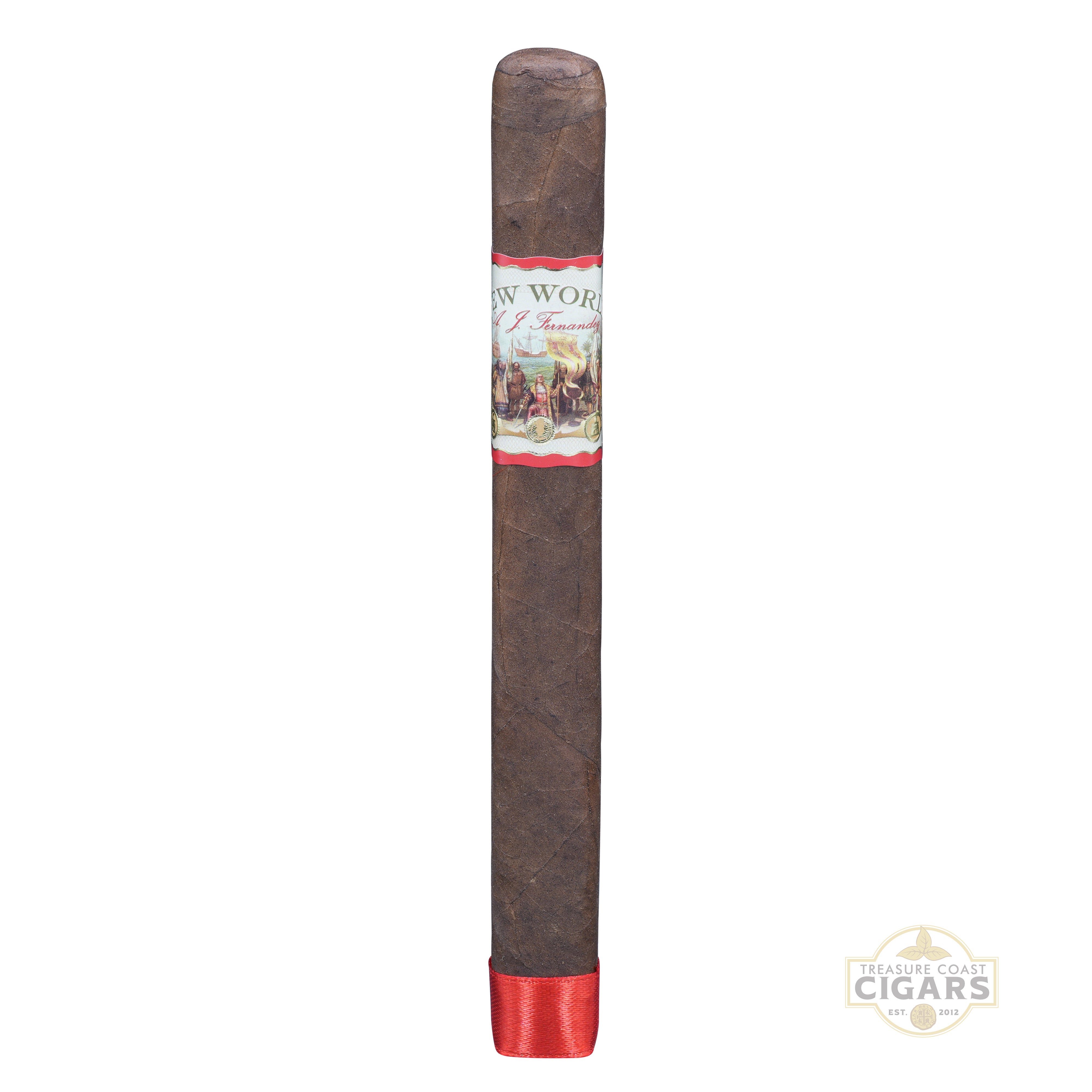 Cigar with a band featuring artwork and text on a white background