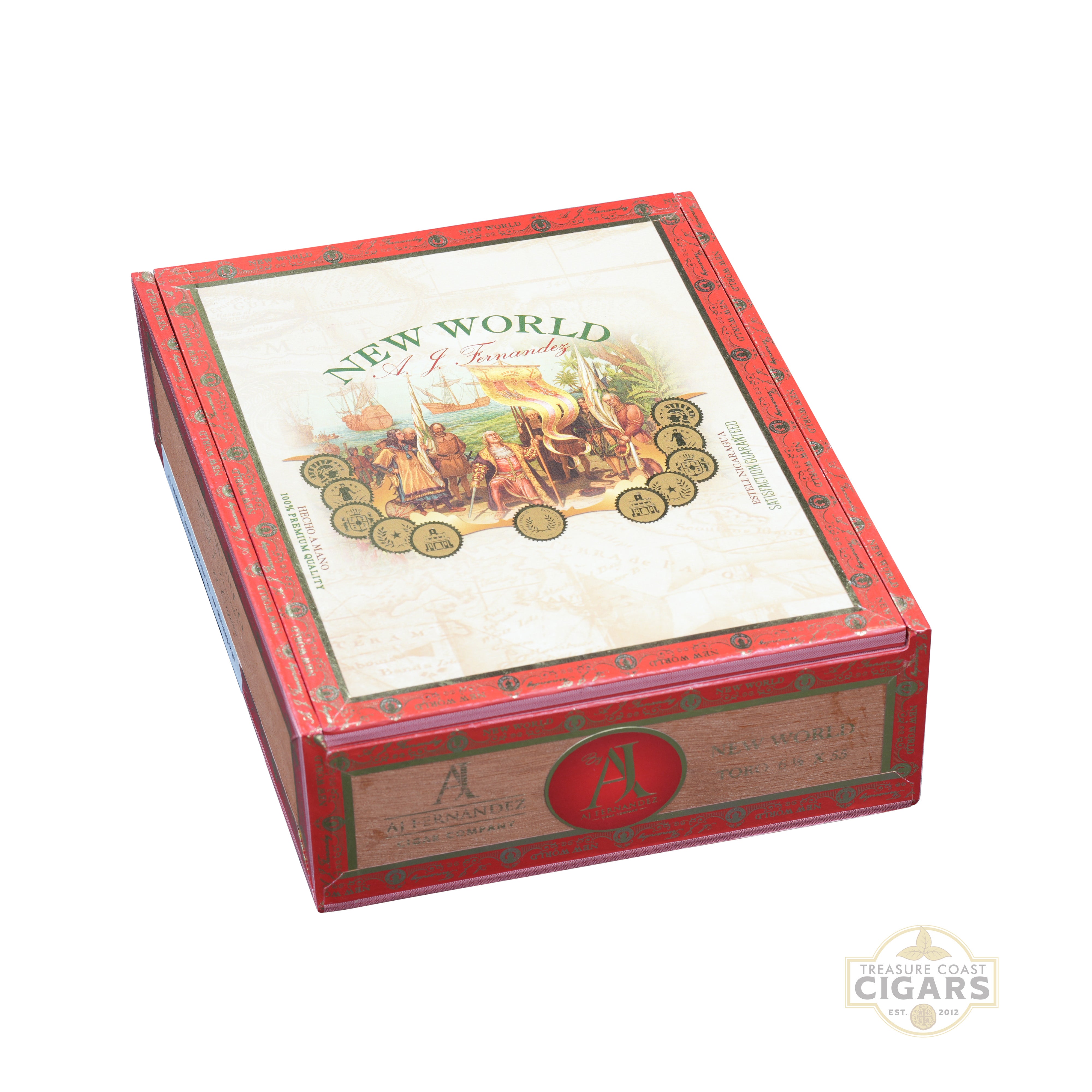 Cigar humidor with 'New World' branding on a white background