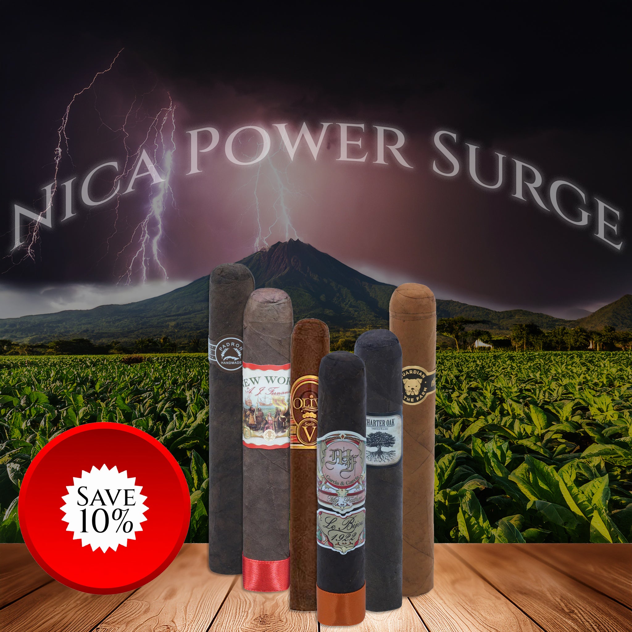 Cigars with labels on a wooden surface in front of a tobacco field and mountain, with 'Nica Power Surge' text and lightning effect.
